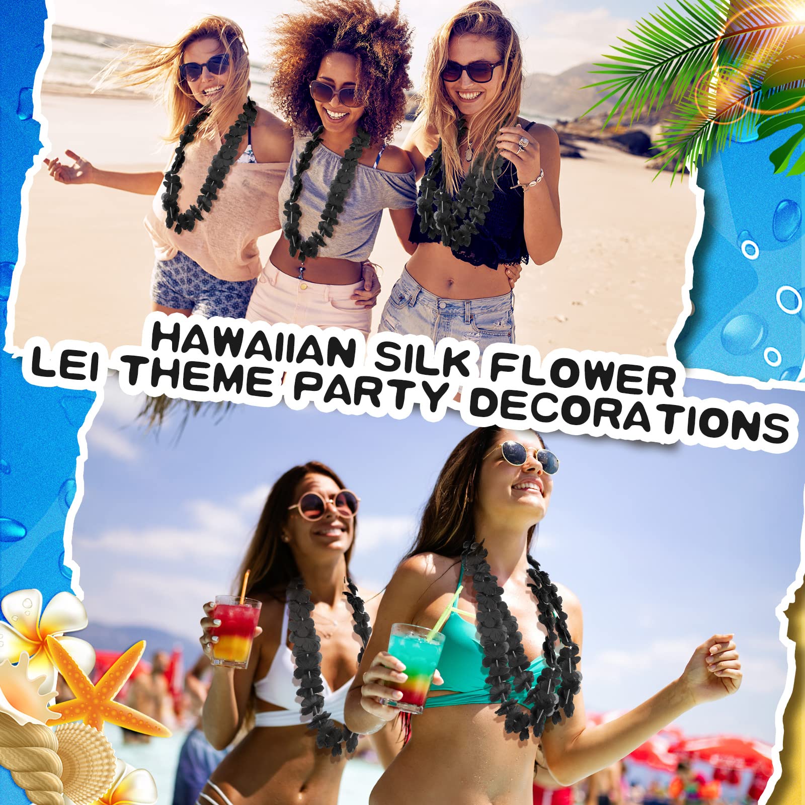 24 Counts Hawaiian Leis Necklace Tropical Flower Lei Floral Luau Party Decorations Hawaiian Flower Necklace Luau Necklaces Hula Dance Garland Headbands for Beach Birthday Wedding Party
