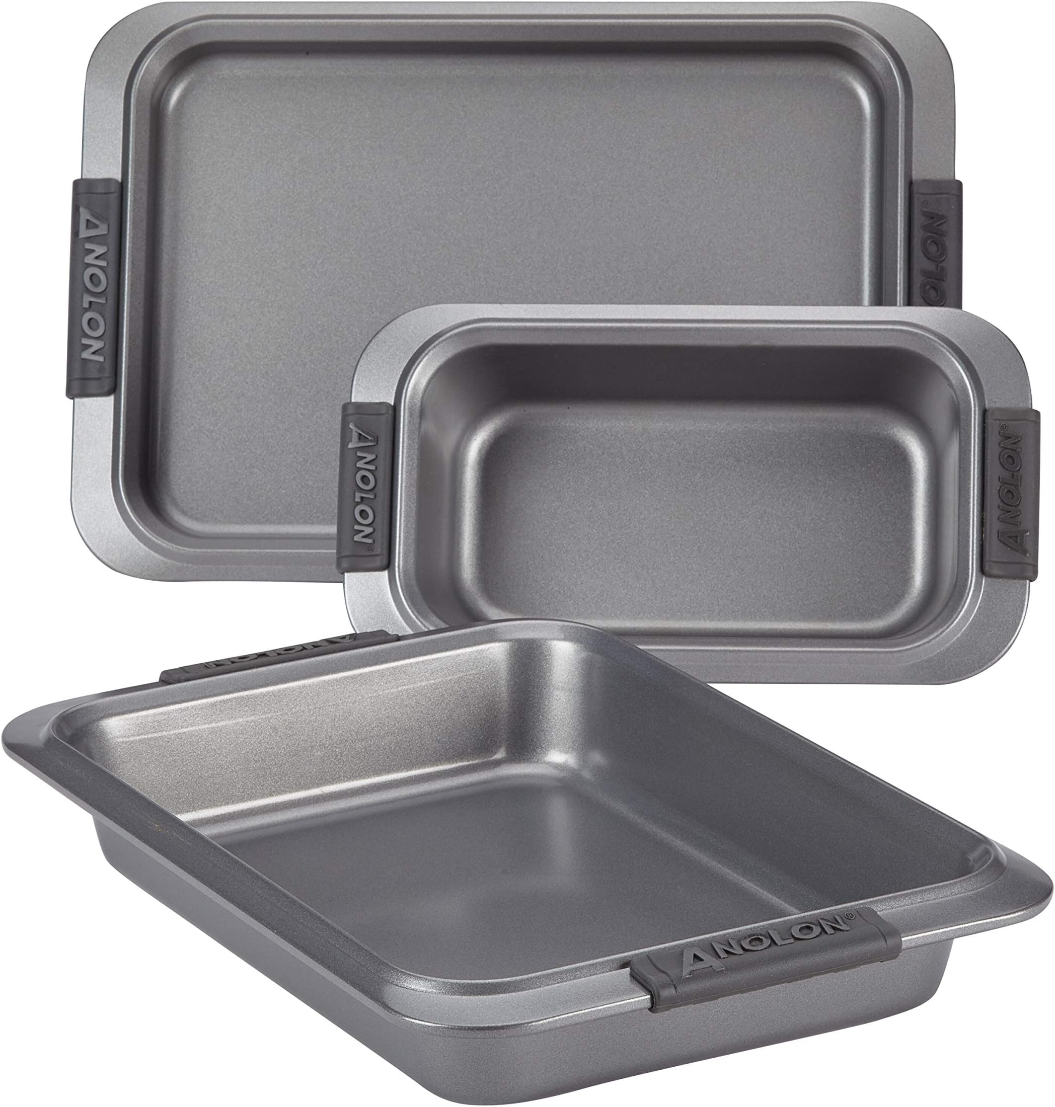 Anolon Advanced Nonstick Bakeware Set with Grips includes Nonstick Bread Pan, Cookie Sheet / Baking Sheet and Baking Pan - 3 Piece, Gray