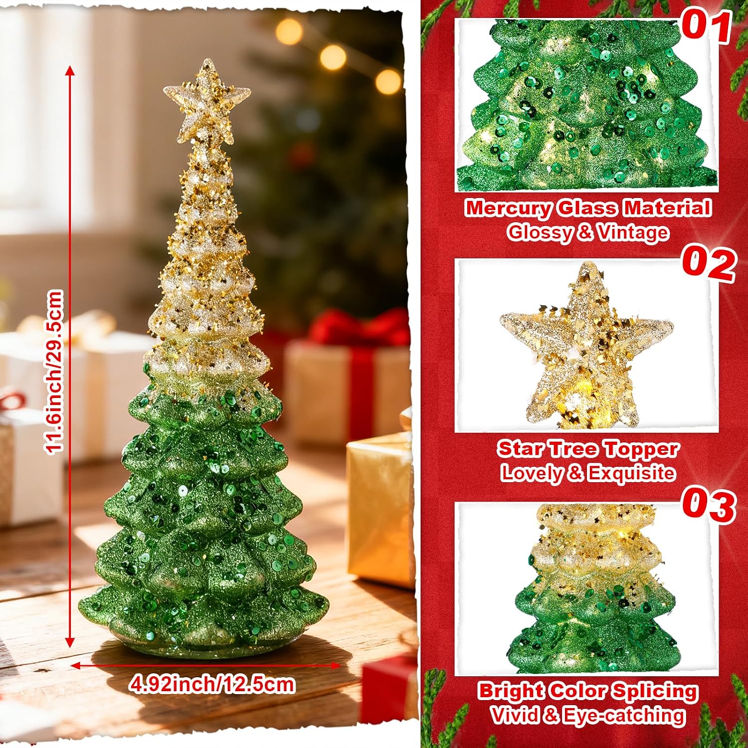 2 Pcs Mercury Glass Christmas Tree for Tabletop Light up Christmas Decor 11.6" Illuminated Glass Xmas Tree Battery Operated Xmas Table Centerpiece for Home Fireplace Festive Decor Gift(Gold)