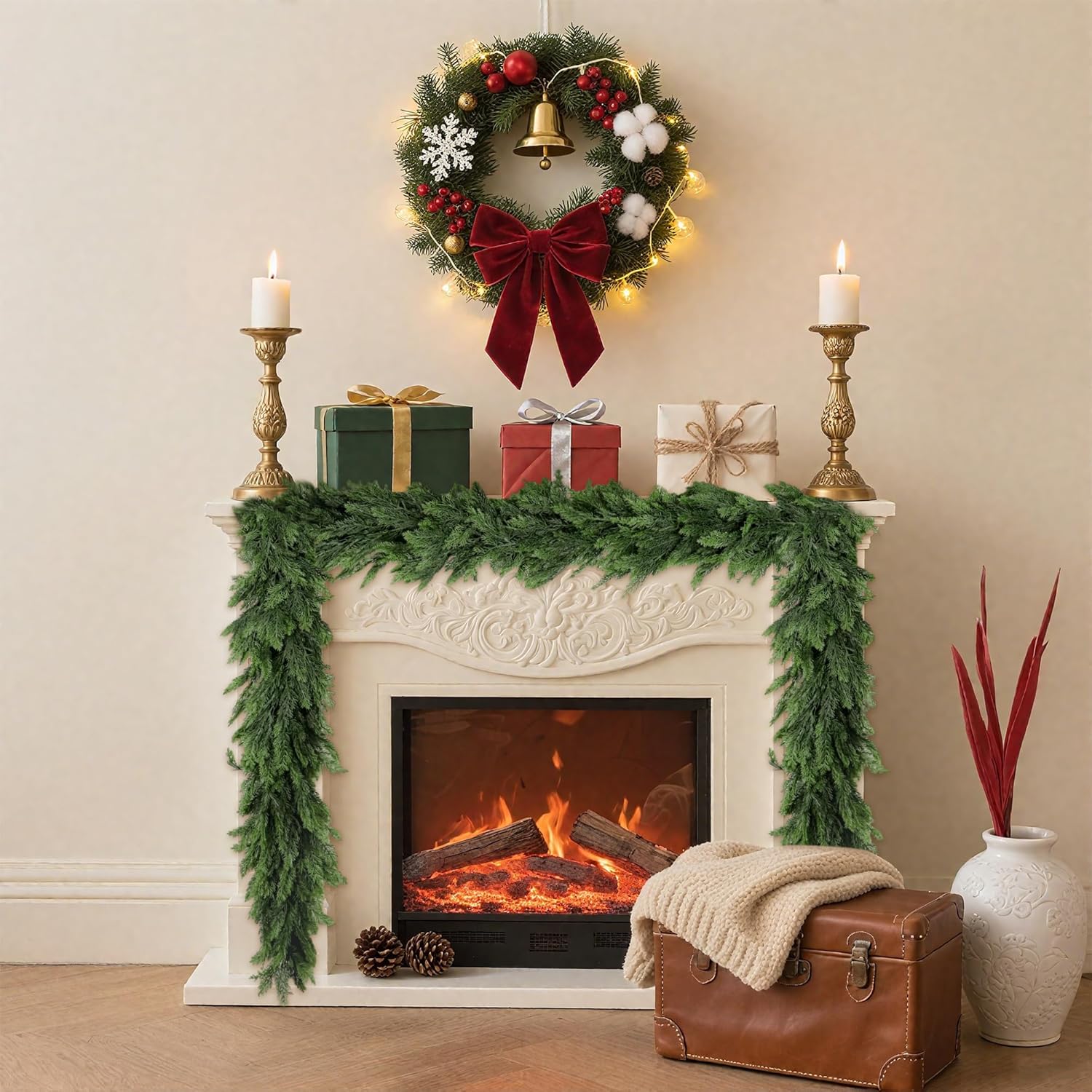 6FT Artificial Christmas Cedar Garland, Thick and Soft Realistic Touch Christmas Garlands Greeny Cedar Pine Garland for Mantle Fireplace Door Stairs Holiday Decoration Outdoor Indoor(1pcs)