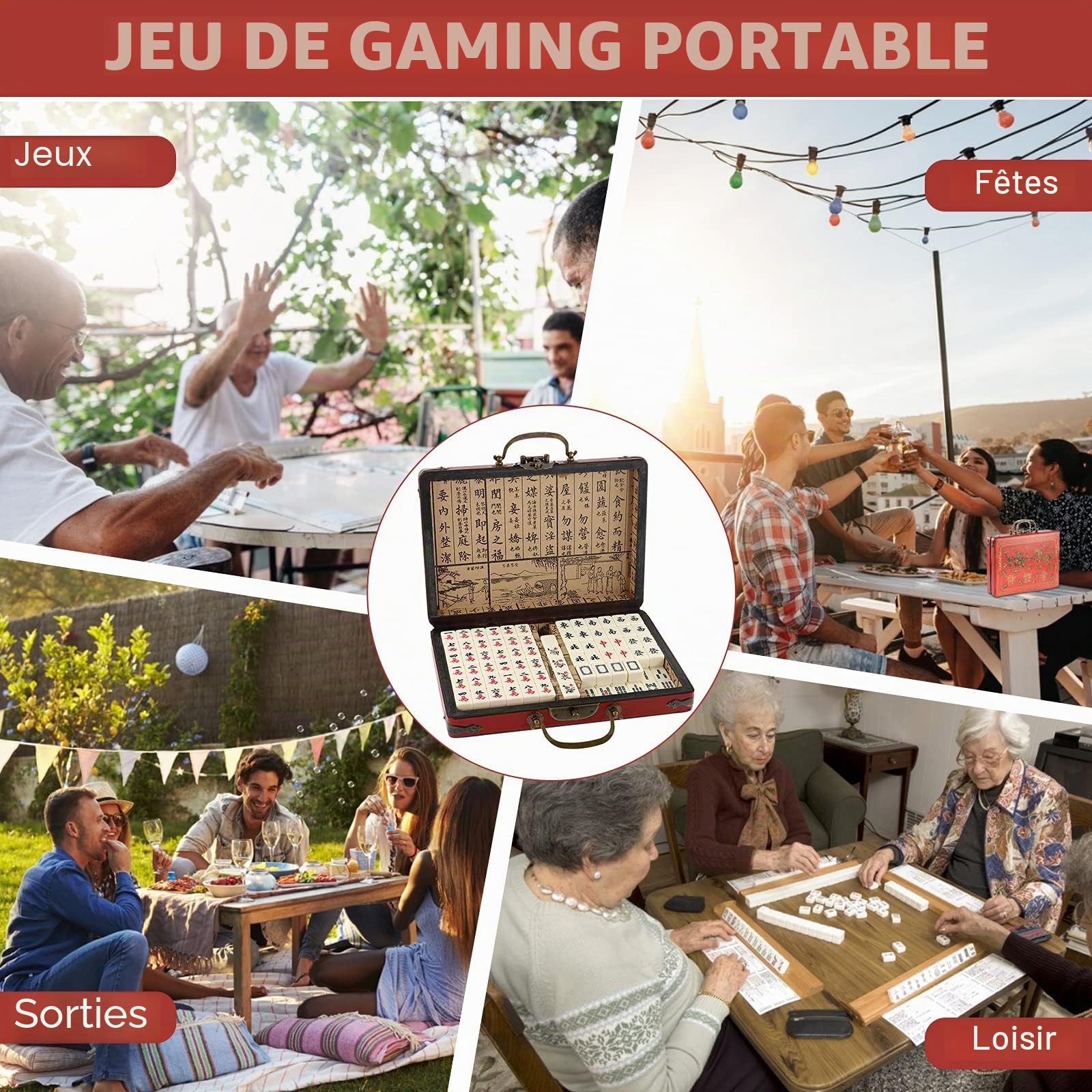Dyna-Living Jeu de Mahjong chinois, structure solide, facile à lire, lot de 144 carreaux de Mahjong, 2 dés et étui de transport en cuir, les fêtes, les jeux familiaux