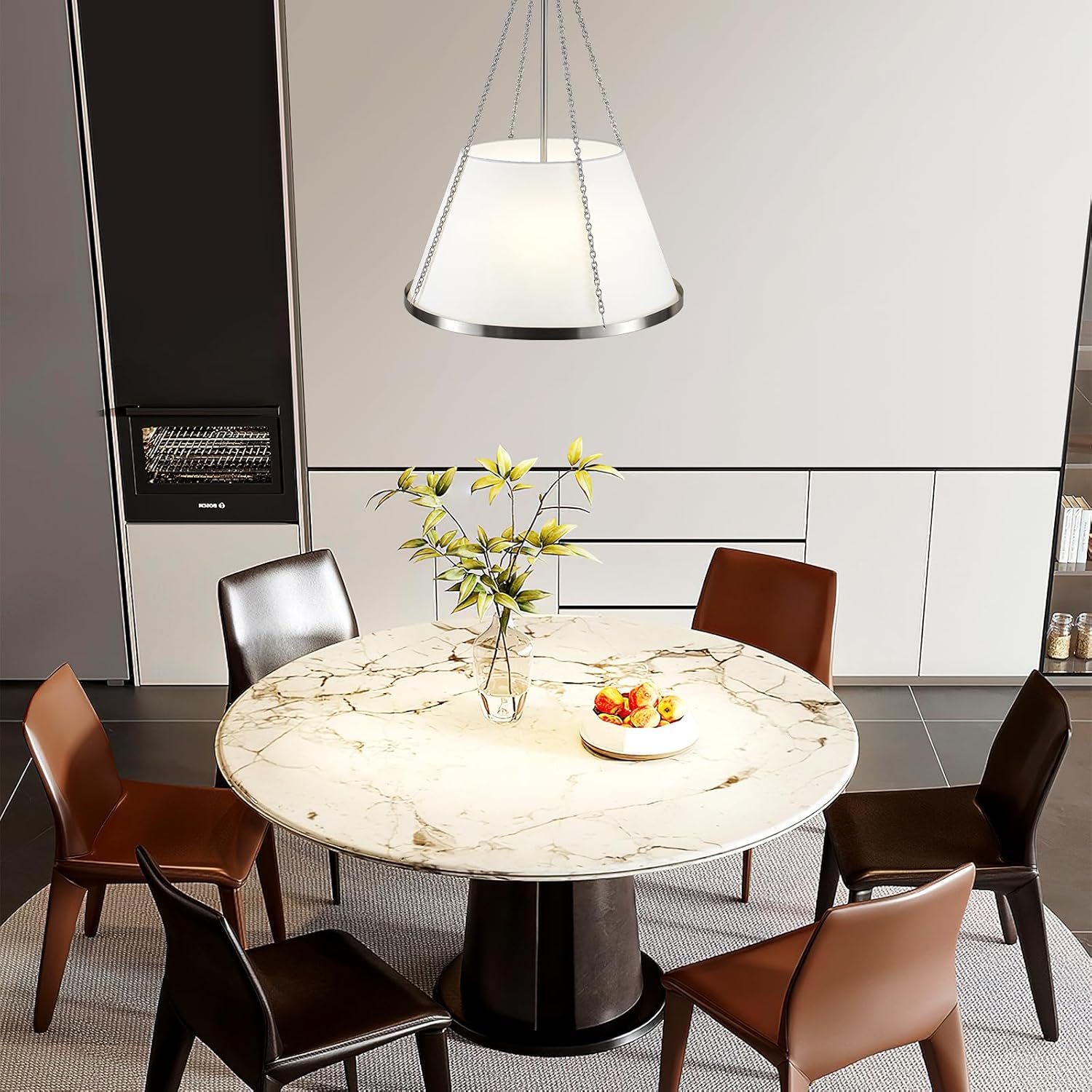 18.9" Brushed Nickel Drum Chandelier Dining Room Light Fixture,4-Light Large Pendant Light Fixture for Kitchen Island,Adjustable Hanging Lighting with White Fabric Shade for Foyer, Living Room,E12