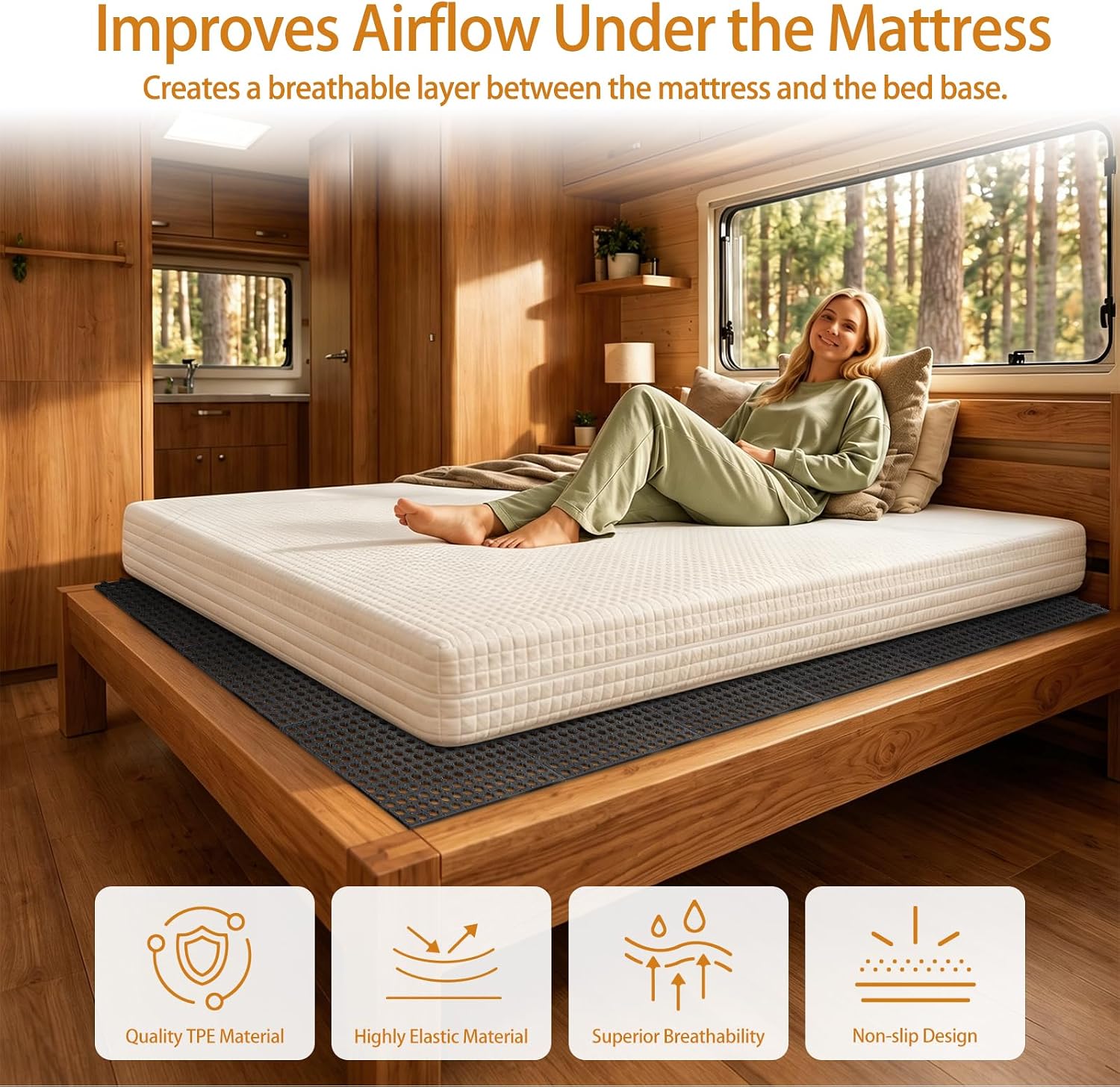 35 Pcs Grey TPE RV Under Mattress Ventilation Pads, 83 x 59 Inch Camper Bed Condensation Prevention Mat Marine Cabin Airflow Squares Interlocking Sleep Base for Travel Trailer Motorhome