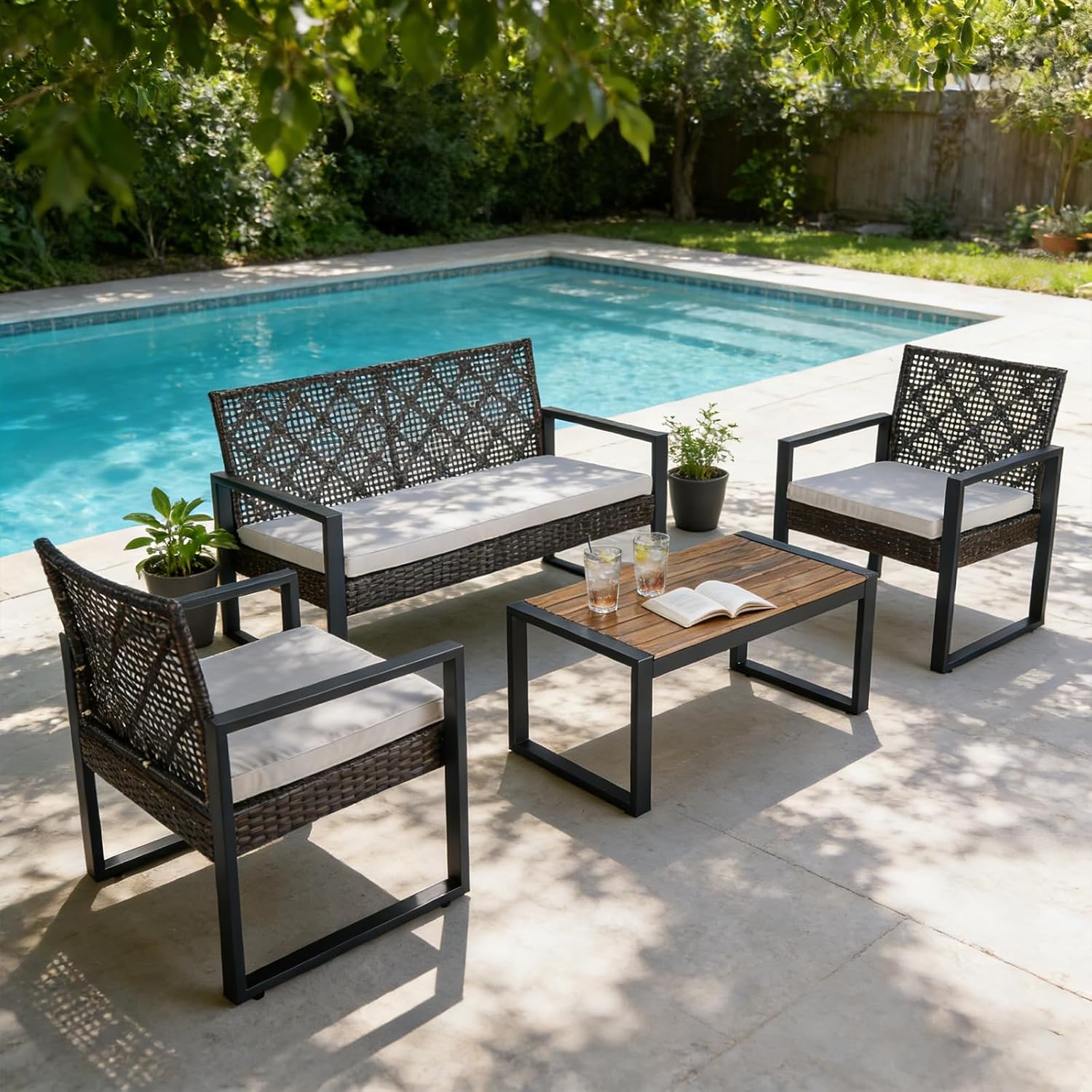4 Pieces Rattan Outdoor Patio Furniture Set, Patio Furniture Set with Loveseat, 2 Chairs, Acacia Wood Table, Outdoor Table and Chairs for Backyard, Lawn, Balcony, Porch, Black Frame with White Cushion