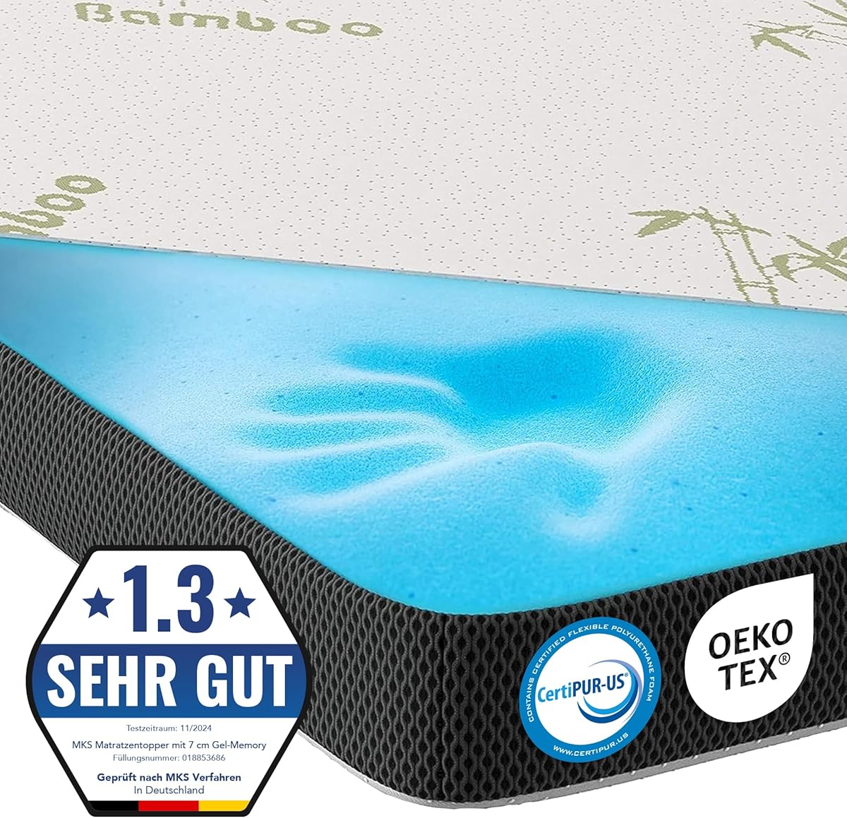 MKS.® Gel Topper 180x200 cm, H3 Matratzentopper mit 7 cm Gel-Memory-Schaum, KomfortKissen Matratzenauflage mit 3D-Luftstrom, Viskoelastische Matratzenauflagen mit abnehmbarem Bambusbezug