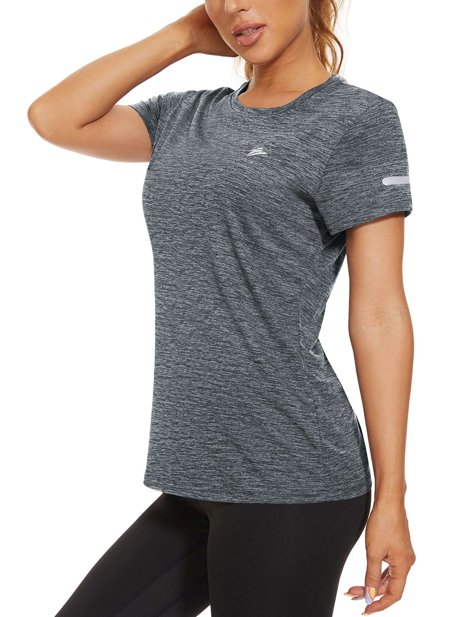 KEFITEVD Melange Sportshirt Damen Kurzarm mit Reflexstreifen Atmungsaktiv Stretch Funktionsshirt Rundhals Leicht Tshirt Schnelltrocknend Laufshirt Regular Fit