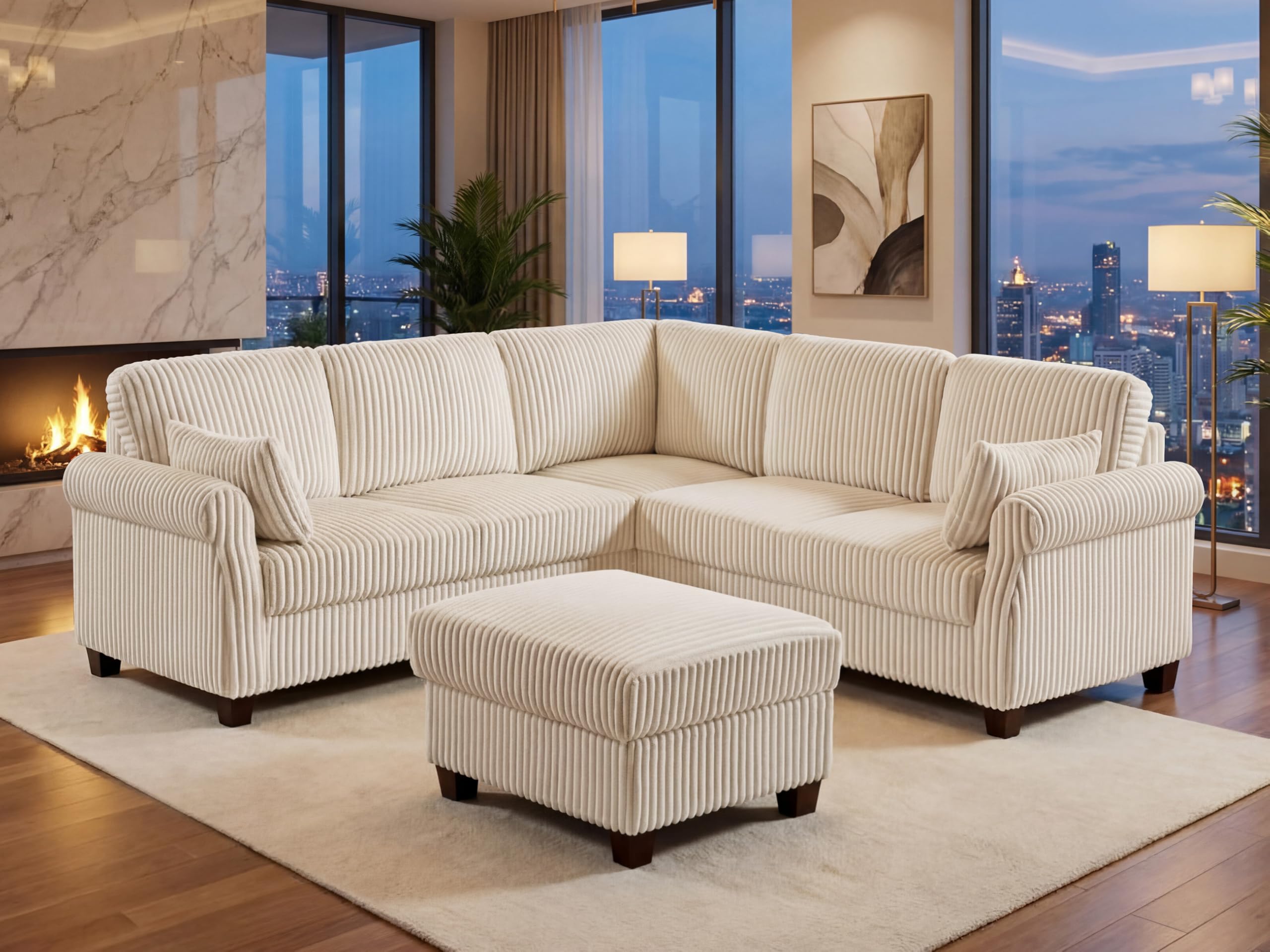 6 Seater 91'' Modular Sectional Sofa with Storage, Corduroy Beige