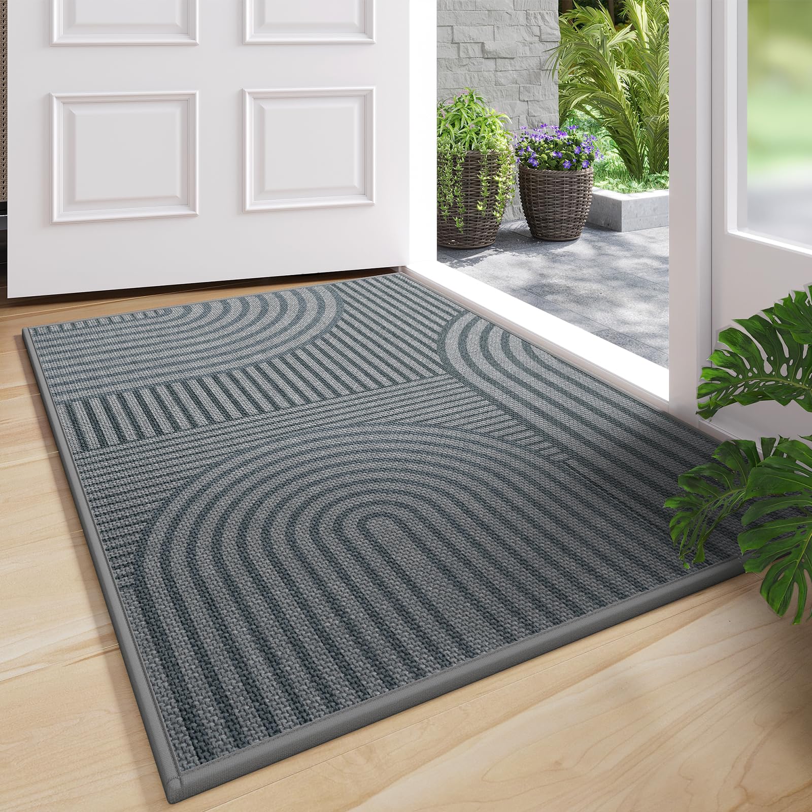 Quqei Front Door Mat 43x75 cm, Absorbent Dirt Resist Washable Non Slip Low-Profile Indoor Doormat, Easy Clean Welcome Entryway Door Mats, Grey