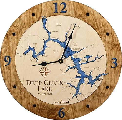 Miniatura 1 de Sea & Soul Deep Creek Lake - Reloj de pared de madera de 24 pulgadas, fabricado con orgullo en los Estados Unidos, arte de cartas náuticas, regalos