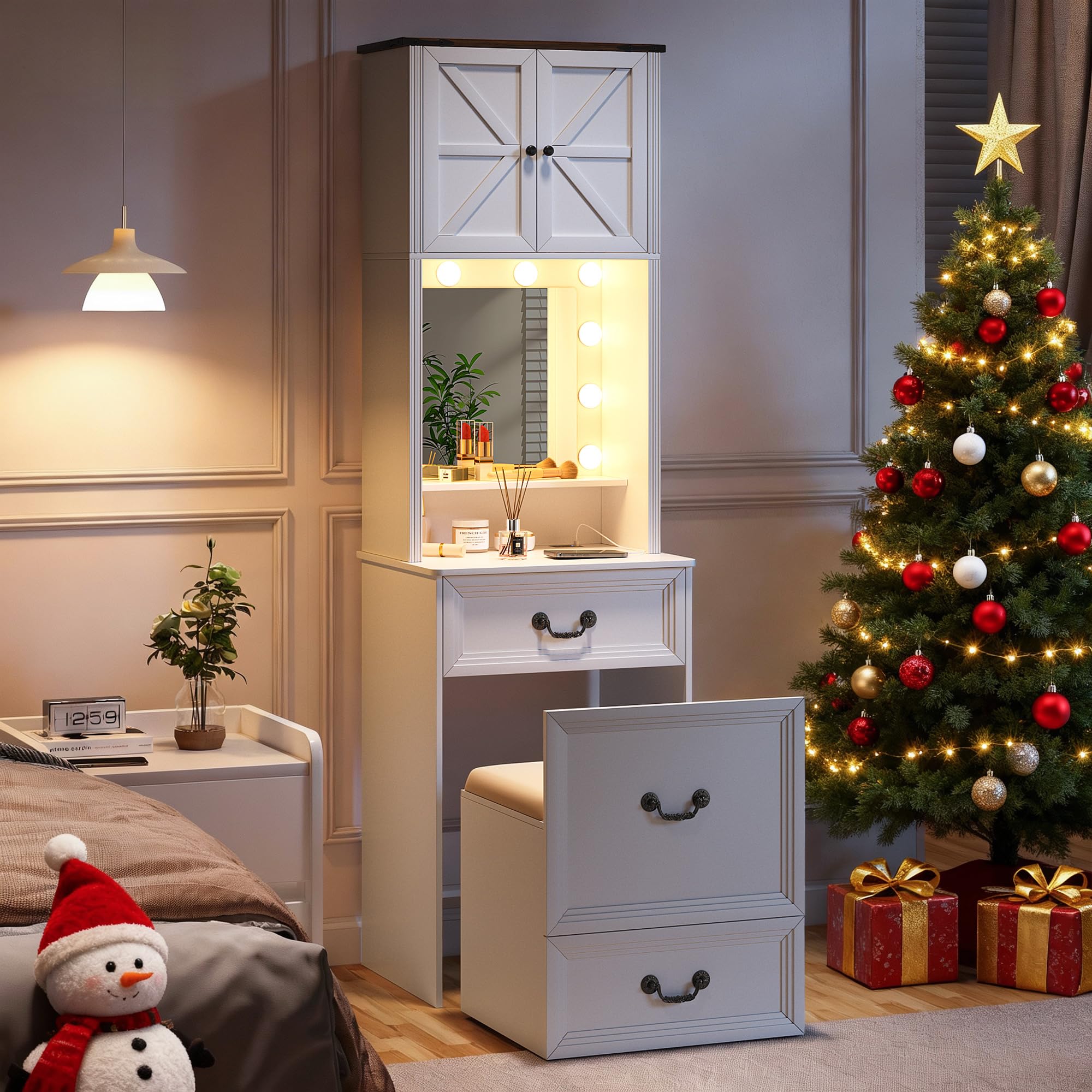 Vanity Desk with Mirror and Lights, Compact Makeup Table w/Storage Drawers & Shelves, Farmhouse Vanity Table with Hidden Chair for Bedroom, White Dressing Table Gift for Girls Lady 85099-White