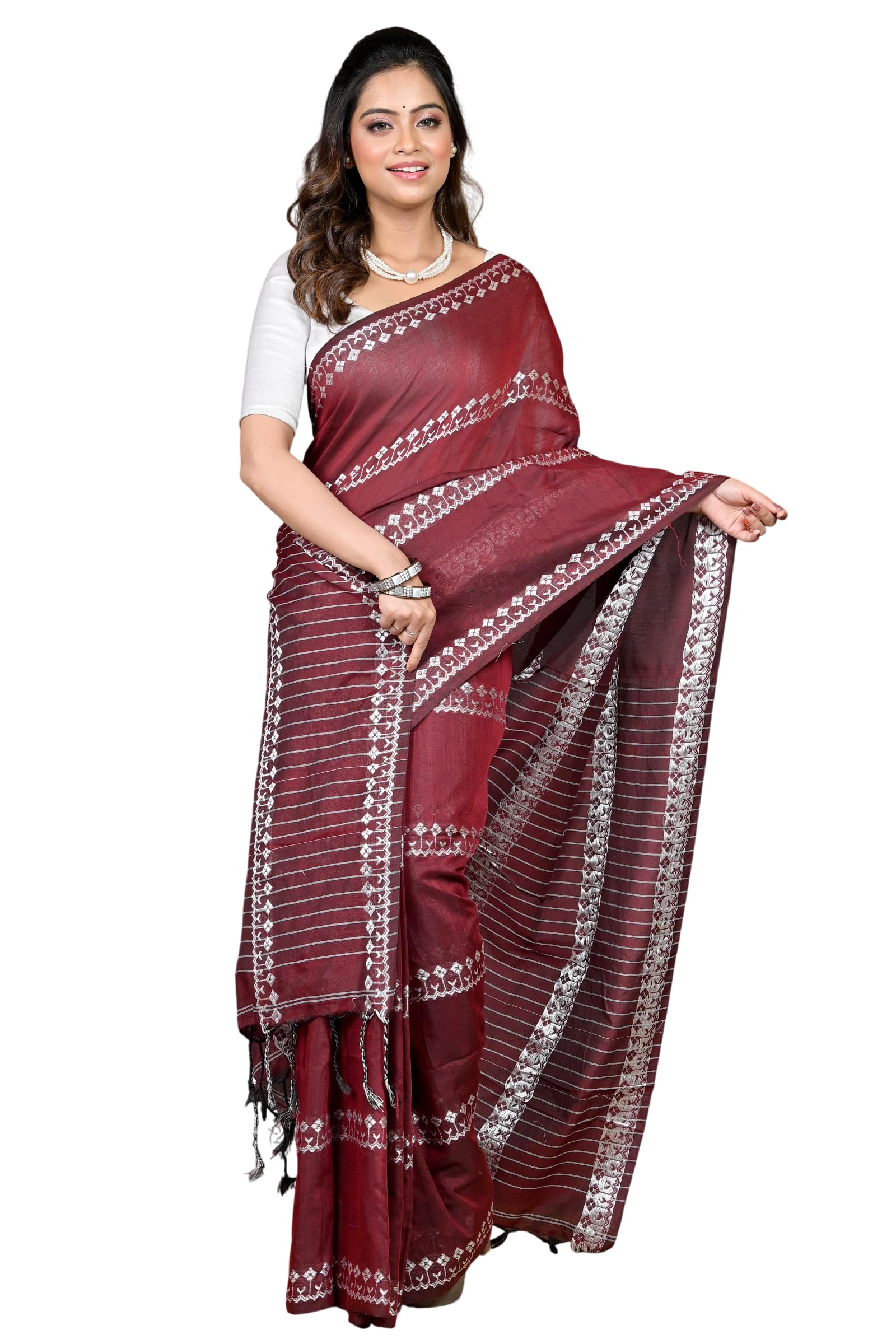 dipdiya Cotton Blended Traditional Bengali Handloom Saree with blouse piece-picture-46