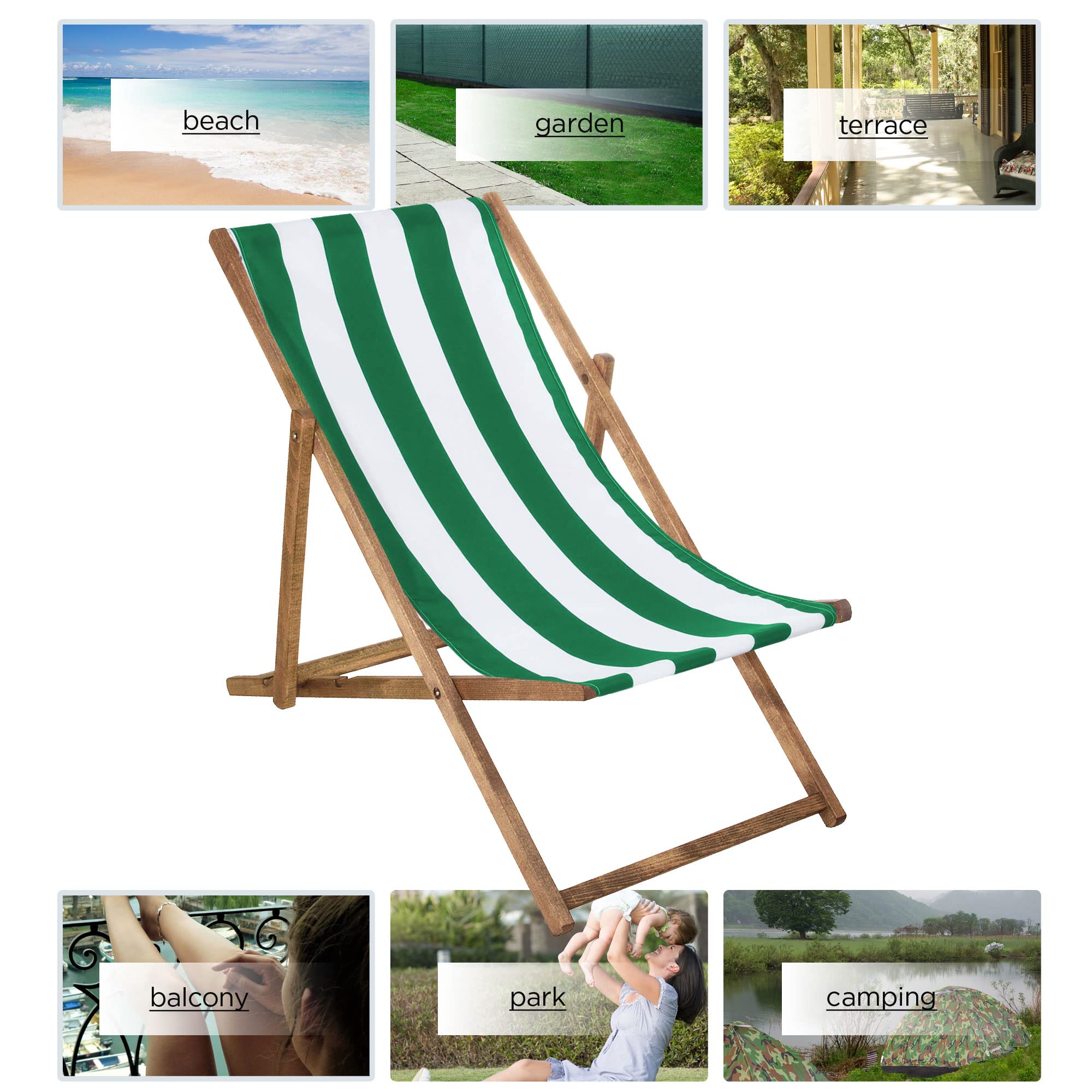 SPRINGOS Chaise longue pliante en bois imprégné Chaise longue pliante Chaise de camping Chaise de plage en bois de hêtre Blanc/Vert 58x124cm