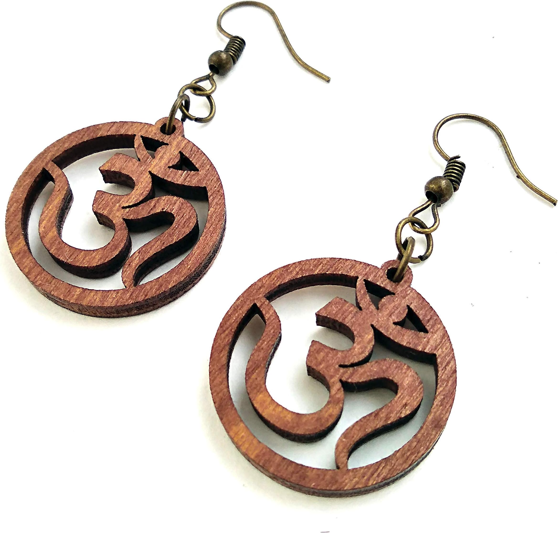 Wooden Earrings Om Shanti, 0g, Laser Cut, Spiritual Yoga Boho Circle Earrings, Gift for Her