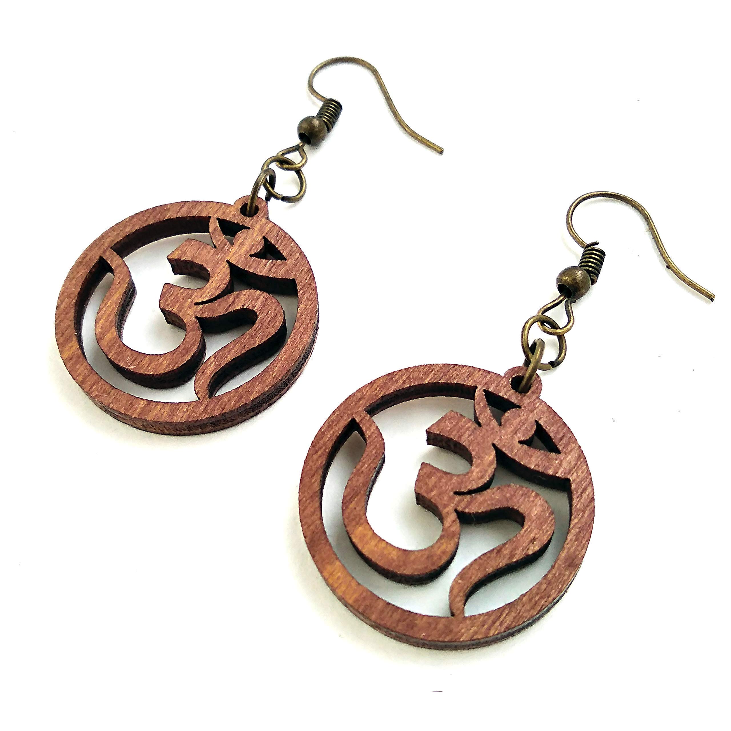 Wooden Earrings Om Shanti, 0g, Laser Cut, Spiritual Yoga Boho Circle Earrings, Gift for Her
