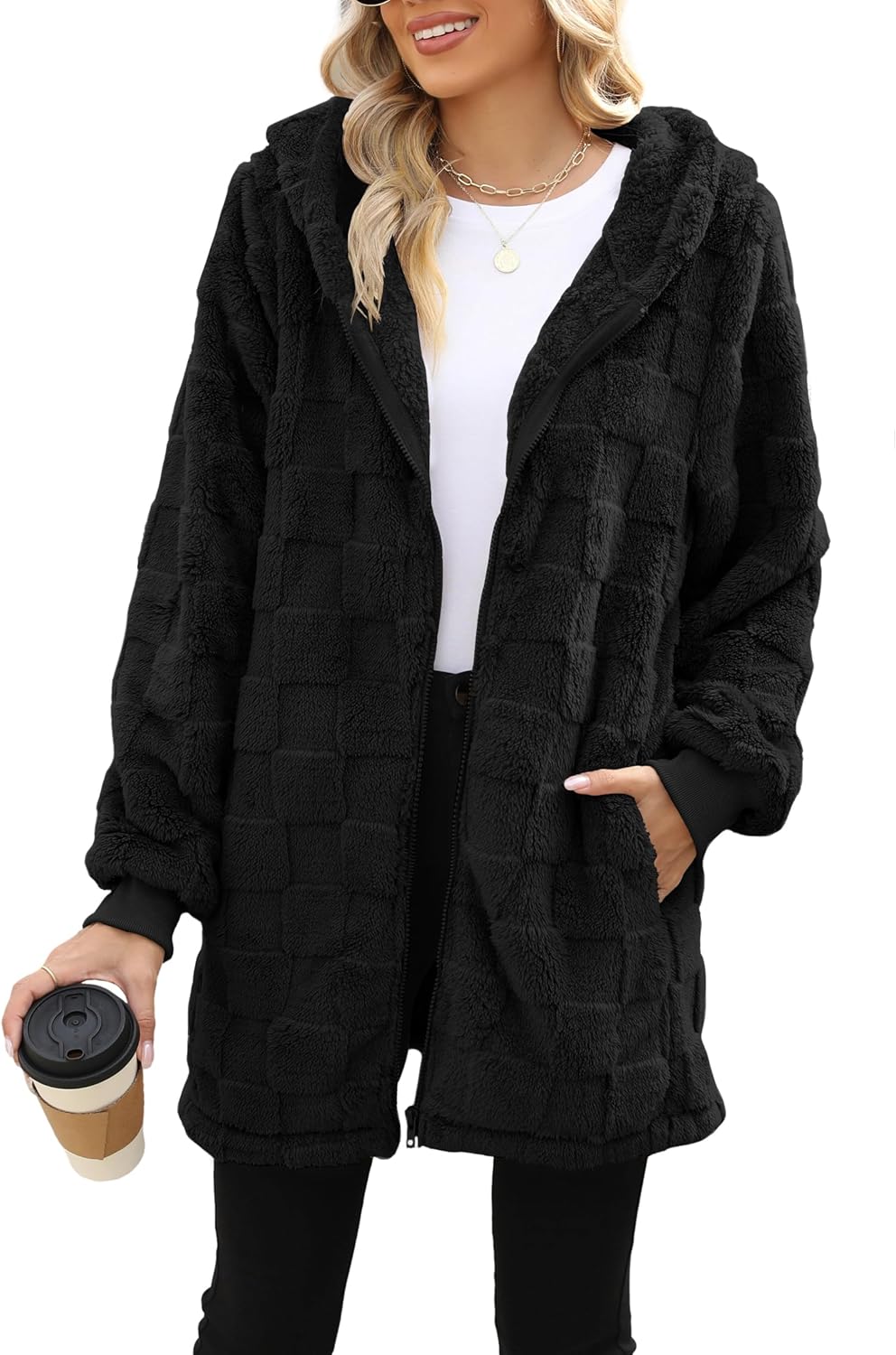 ReachMe Womens Fleece Zip Up Jacket with Pockets Oversized Long Sherpa Hoodie Fuzzy Jackets Warm Teddy Coat - Image 3