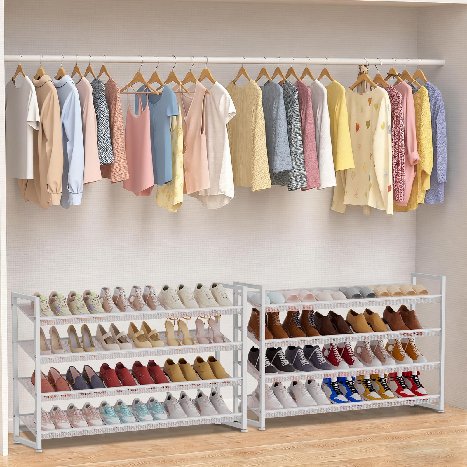 Grande scarpiera organizer per scarpe, in metallo resistente, impilabile, verticale, per armadio, porta d'ingresso, fino a 50-62 paia (bianco, 8 ripiani)