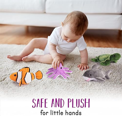 Miniatura 4 de Juego de animales marinos de peluche Juego de 4 criaturas marinas Pulpo, tortuga marina, tiburón y pez payaso Animales de peluche para bebés