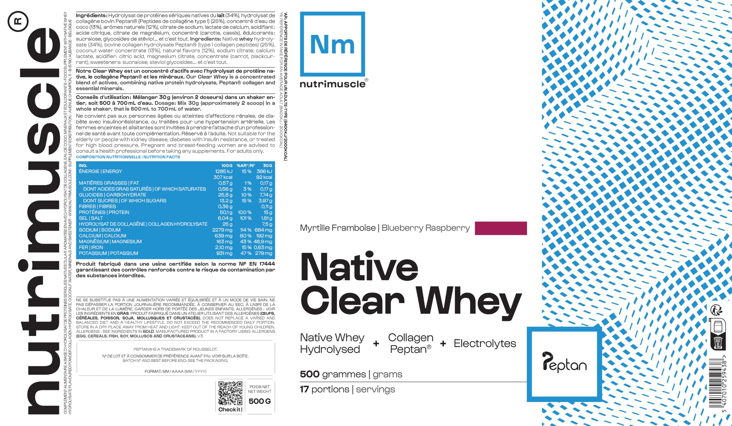 Clear whey 100% Native - 500 gr - Myrtille Framboise - Whey Hydrolysée Native + Collagène bovin breveté Peptan + Électrolytes - Sport et Santé - Nutrielement | By Nutrimuscle