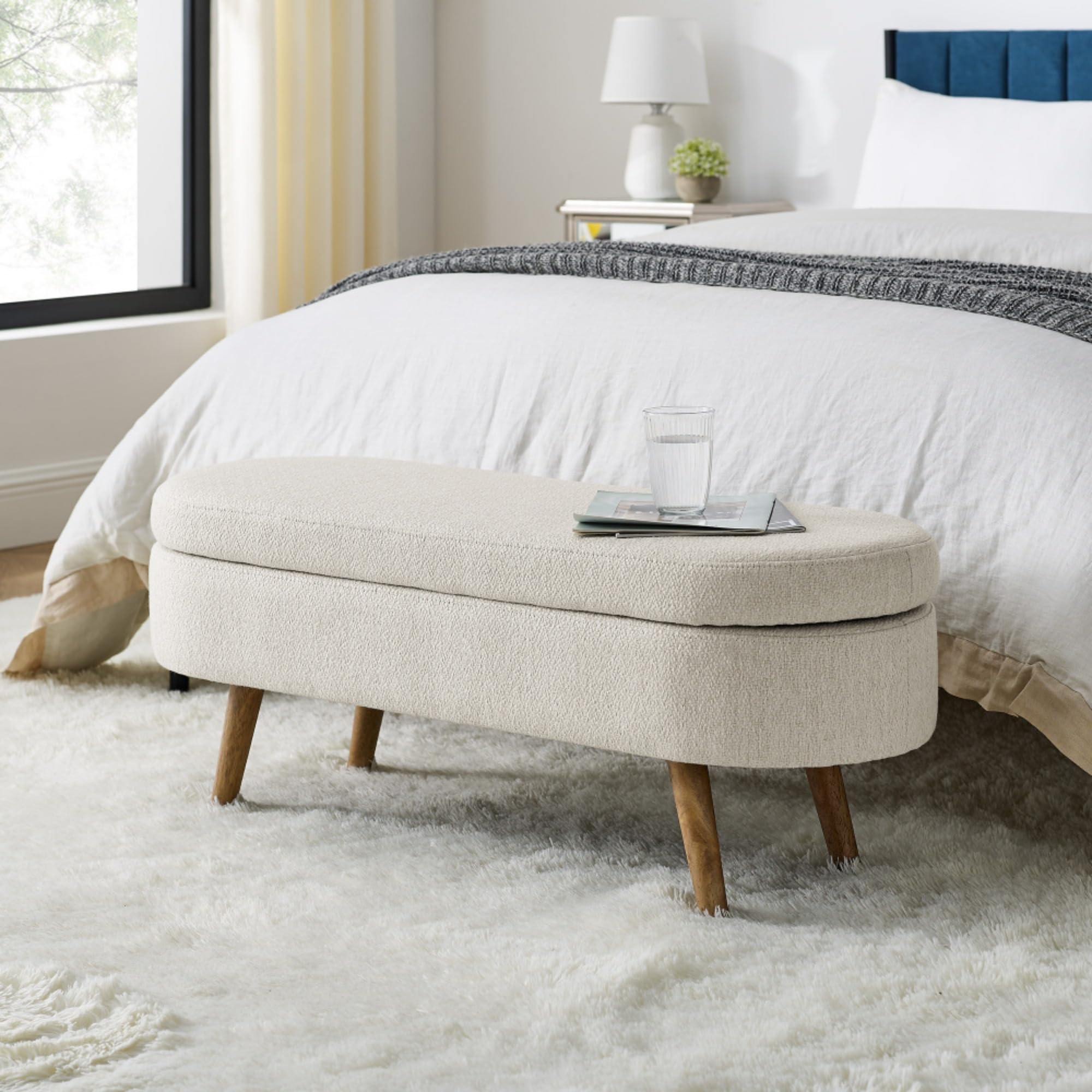 Oval Storage Ottoman Bench with Hidden Storage and Foam Padded Seat, Upholstered Entryway Footstool with Rubber Wood Legs, Decorative Bedroom End of Bed Accent Furniture for Living Room (Beige)