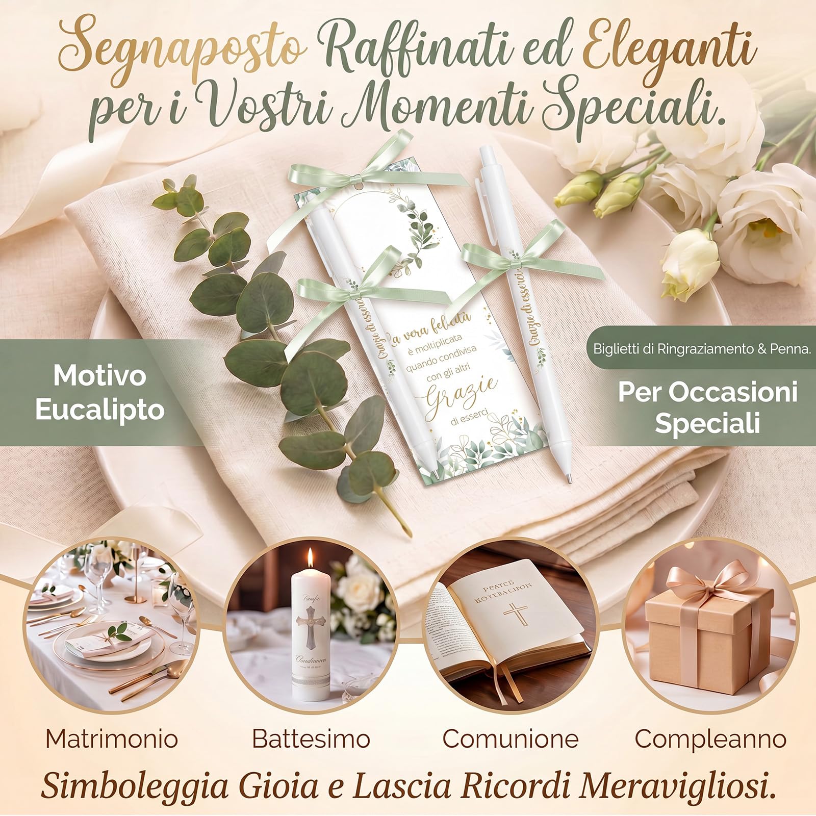 Nezyo 50 Pezzi Bomboniere Segnaposto con Penna e Nastro Segnaposto per Comunione Matrimonio Battesimo Cresima Compleanno Grazie Regalo per gli Ospiti Decoración da Tavola(Verde salvia)