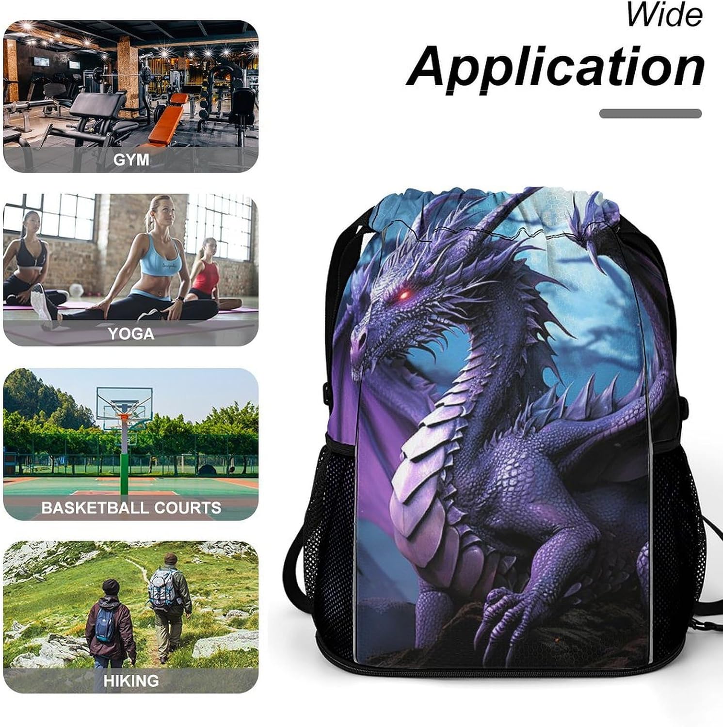Purple Dragon Purple Moon Drawstring Backpack with Wet Pocket - Large Capacity Gym Bag with Shoe Compartment & Mesh Pockets, Adjustable Lightweight Gym Backpack for Swimming, Travel, Workout