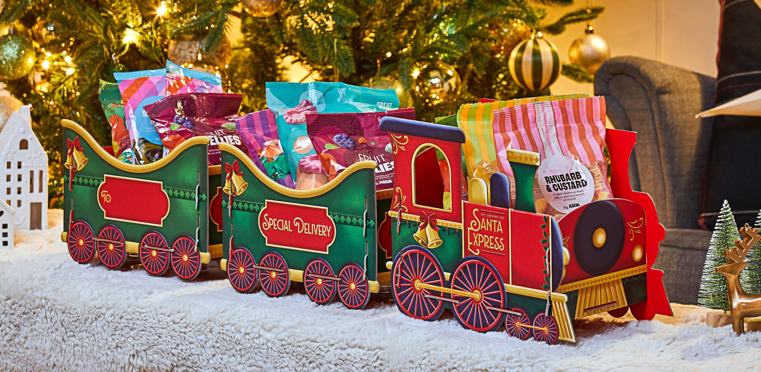 Medium Christmas Treat Train -Festive Cardboard Toy Train for Presents & Treats – 1200GSM with 83 Alphabet Stickers – Cute Christmas Morning Decoration for Kids