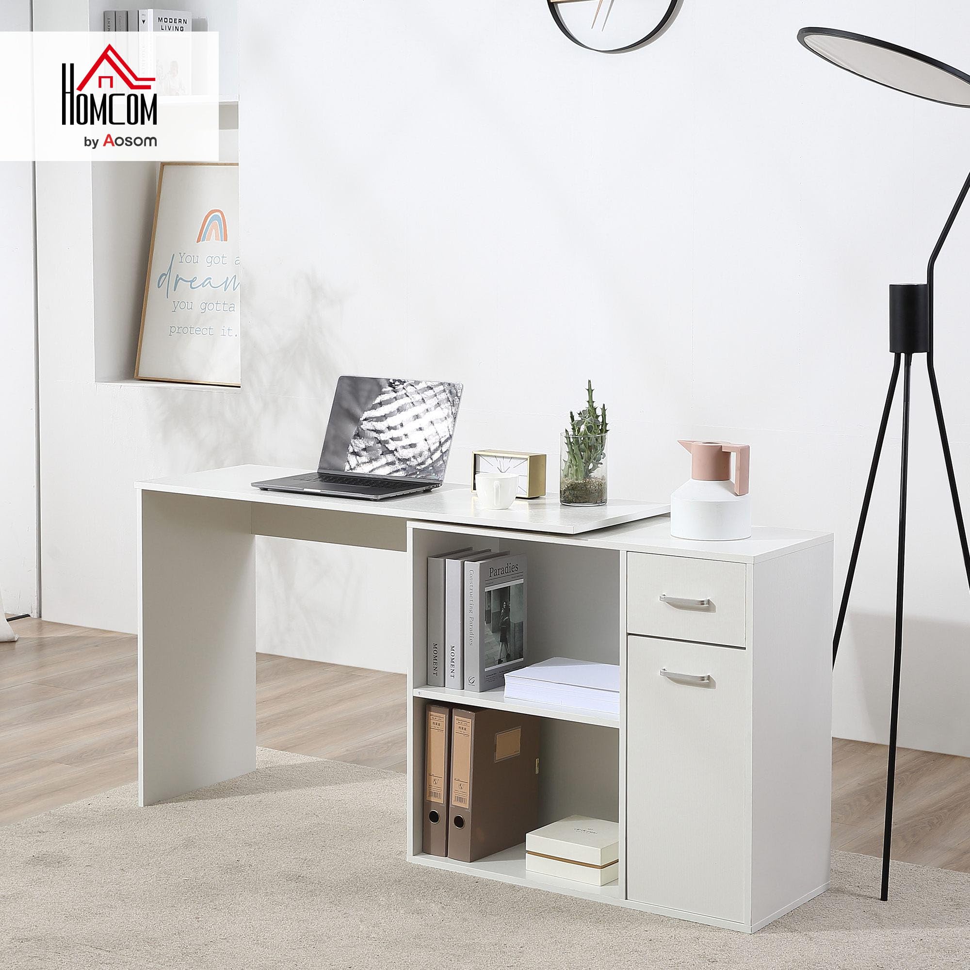 HOMCOM Bureau d'angle Rotatif 180° 117x82x74 cm Blanc | Bibliothèque, Bureau d'Ordinateur, Tiroir, Placard à Porte, Poste de Travail, pour Maison, Chambre