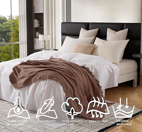 Miniatura 9 de Manta KyraHome de muselina 100 % orgánica para sofá, transpirable, súper suave, 100 % algodón, acogedora, ligera, cálida, suave, para todas las