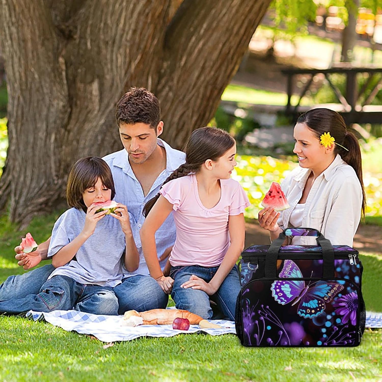 Large Capacity Oxford Cloth Purple Butterfly and Flowers Printed Camping Ice Bag, Outdoor Portable Insulation and Cooling Bag, Suitable for Outdoor Camping and Picnics