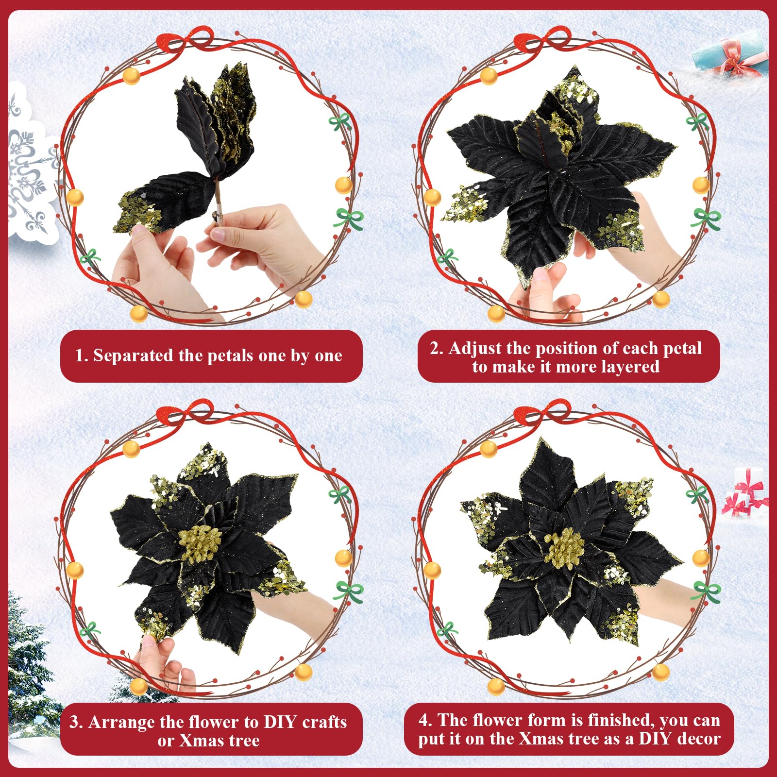 U'Artlines Lot de 12 grandes fleurs de poinsettia artificielles avec clips - 22,9 cm - Noir pailleté - Décorations de Noël pour sapin de Noël, Nouvel An, vacances, fête de mariage