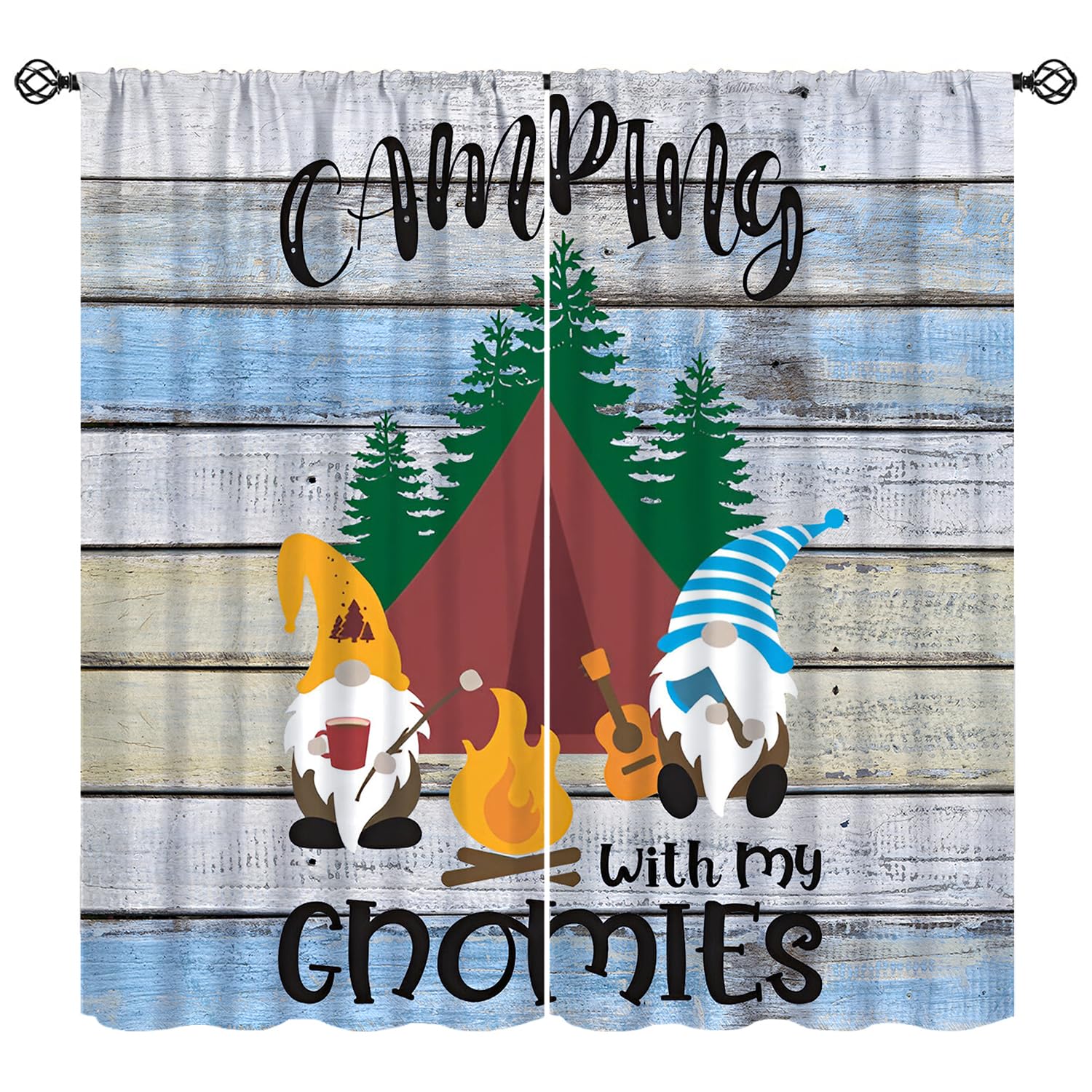 Camping Curtains, Cute Gnomes Blue Wooden Boards Background Pattern Window Treatments, Rod Pocket Thermal Insulated Drapes 2 Panels Set for Bedroom