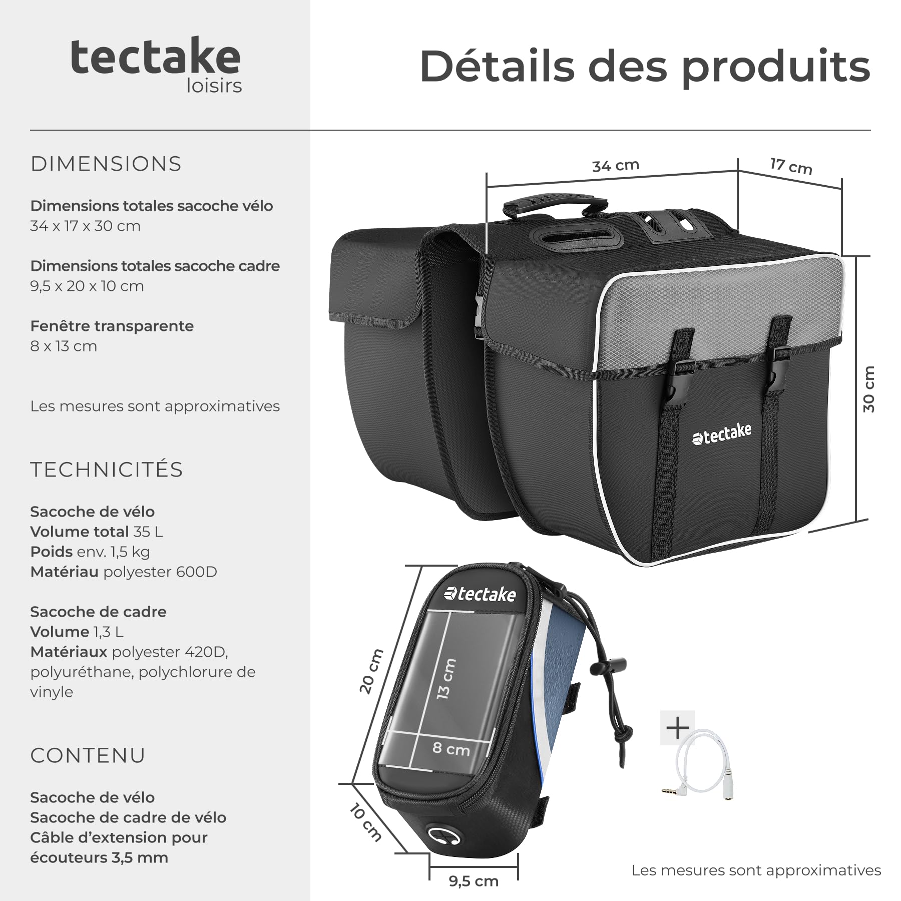 tectake® Ensemble Double Sacoche Velo Porte Bagages avec Bandes réfléchissantes et Sacoche de Cadre Support Téléphone Velo, Sacoches déperlantes pour Vélo électrique, Vélo, VTT, Cyclisme Sport Voyage