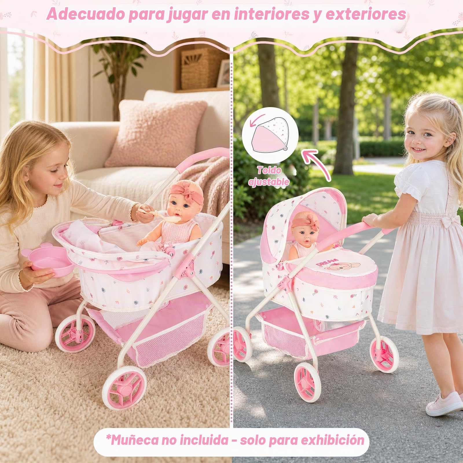 deAO Carrito de Muñecas 2 en 1 con Capazo Extraíble y Capota Ajustable
