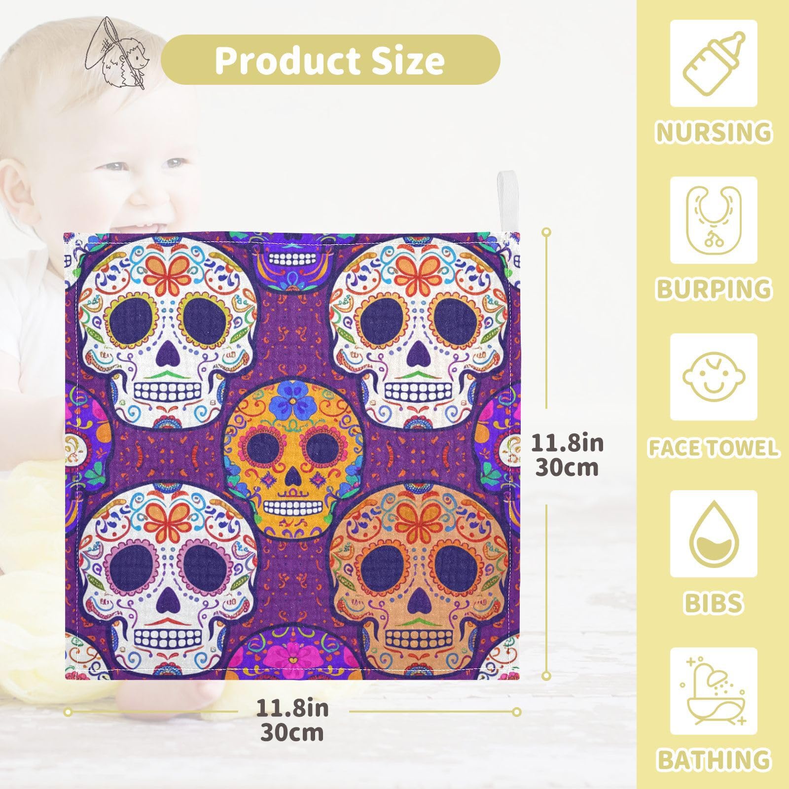 Nander 5Pack Baby Muslin Washcloths,Colored Sugar Skull Soft Face Cloths for Newborn, Absorbent Bath Wash Cloths, Wipes, Burp Rag,Toddlers Essentials Stuff, Baby Registry as Shower
