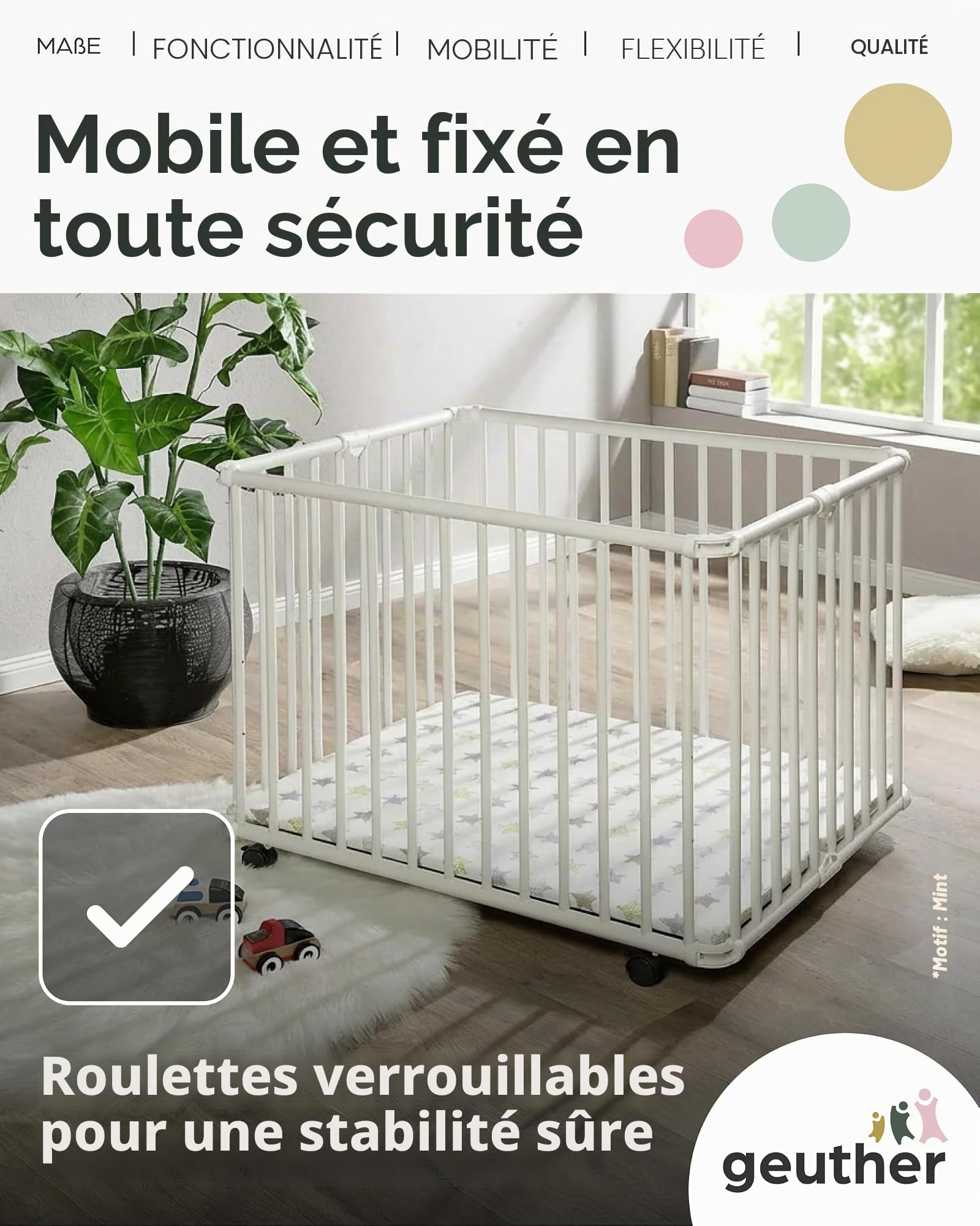 Geuther 2261 Parc Lucilee Dimensions: 76 cm x 97 cm Réglable en hauteur 3 fois sans outils Parc rembourré Disponible en 4 variantes de couleurs et 7 designs Couleur: blanc Motif: menthe