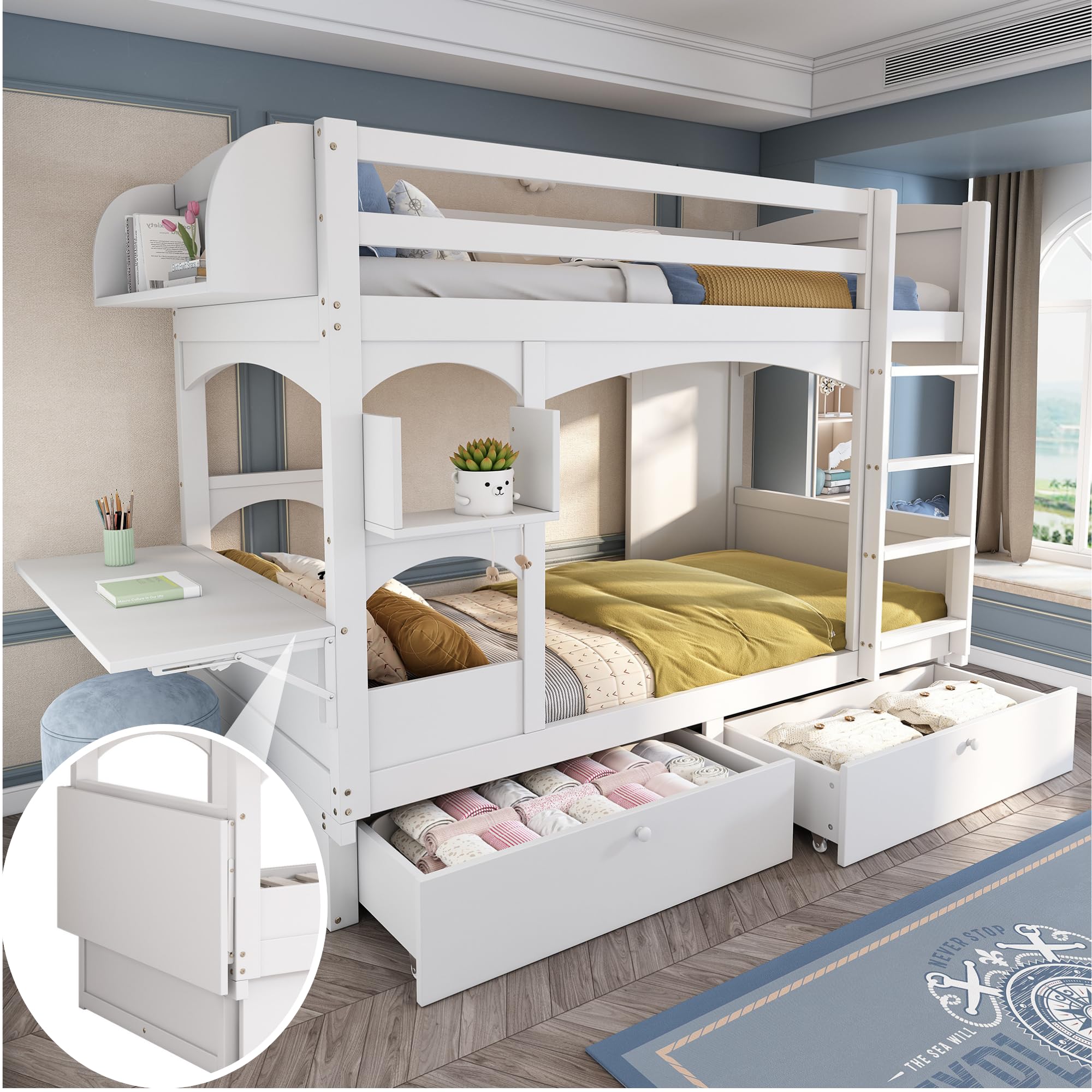 Kinderbett Etagenbett 90x200, Hochbett für 2 Kinder, Hausbett mit 2 Schubladen&klappbarem Schreibtisch&Regal&Leiter, Doppelbett Holzbett mit Lattenrost&Rausfallschutz, Massivholz, Ohne Matratze, Weiß