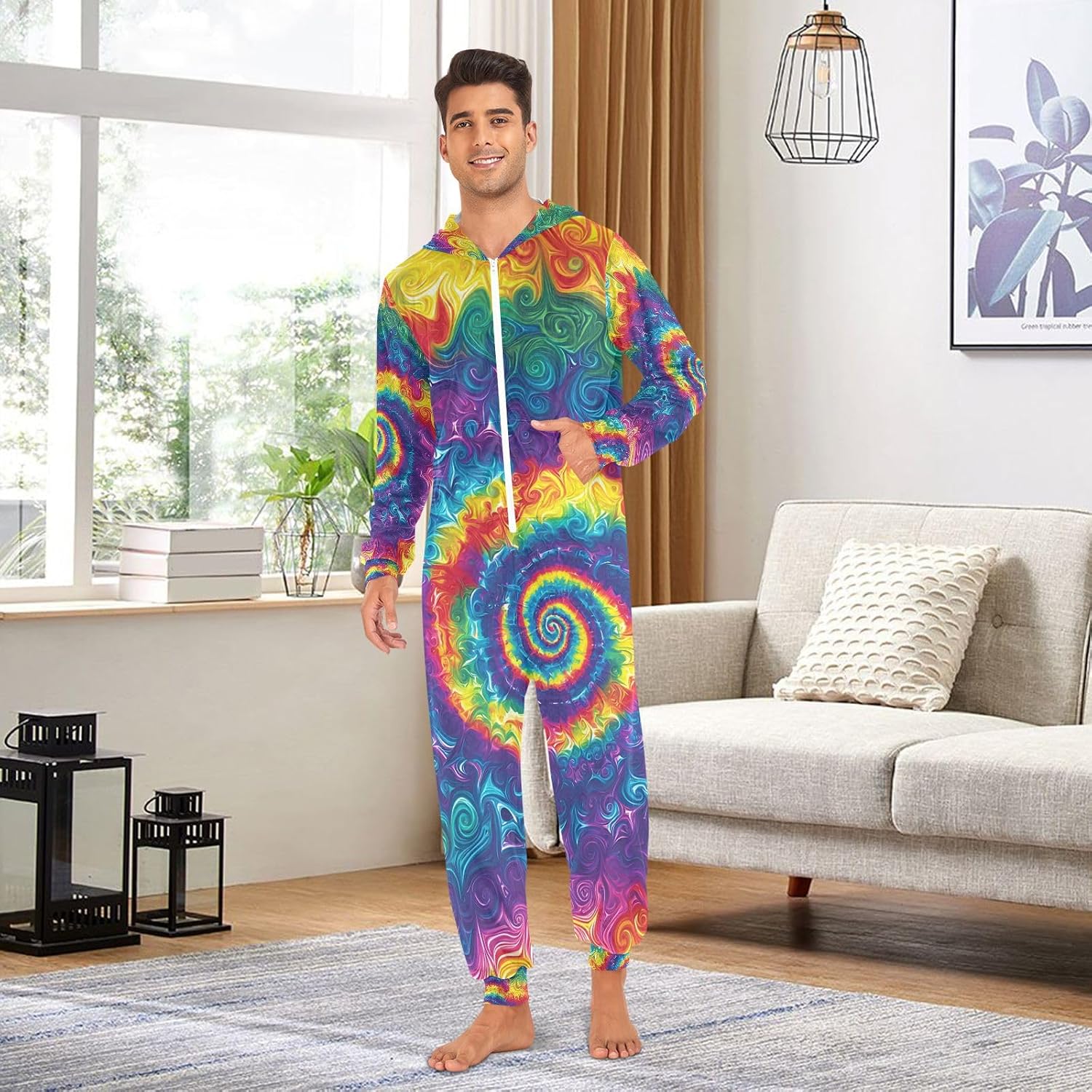 Tie Dye Rainbow Swirl Unisex Adult Onesie Pajamas Comfy One Piece Costume Jumpsuits Novelty Sleepwear Homewear for Men Women