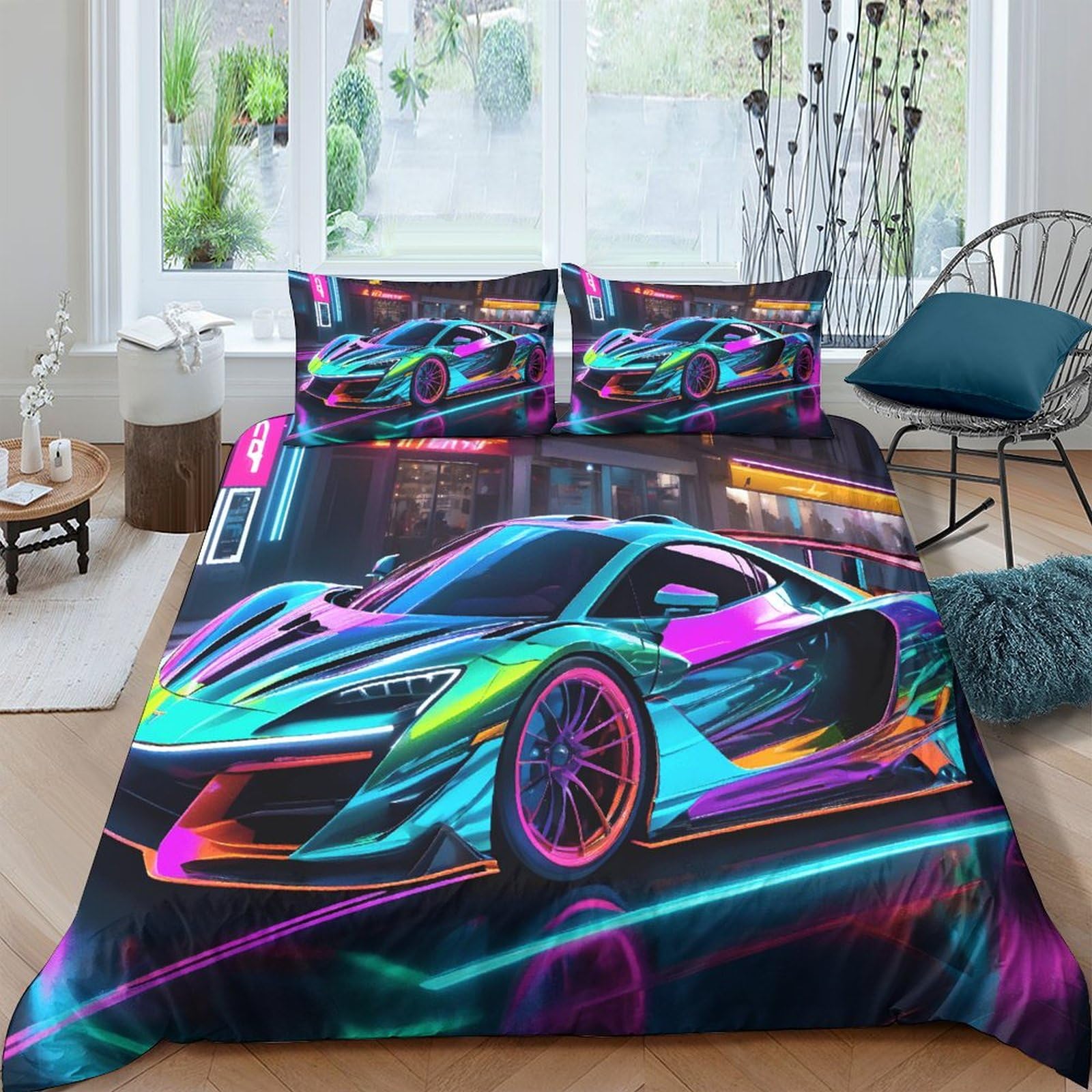 Housse de couette avec fermeture éclair motif voiture de sport douce et hypoallergénique