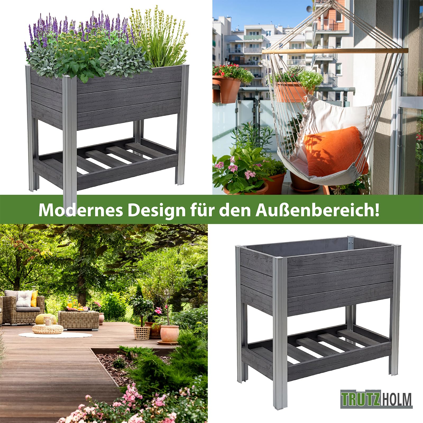 TRUTZHOLM Hochbeet mit Ablage 79x46x74 cm 65 Liter Holzoptik robust witterungsbeständig Kräuterbeet Pflanzkasten Anthrazit