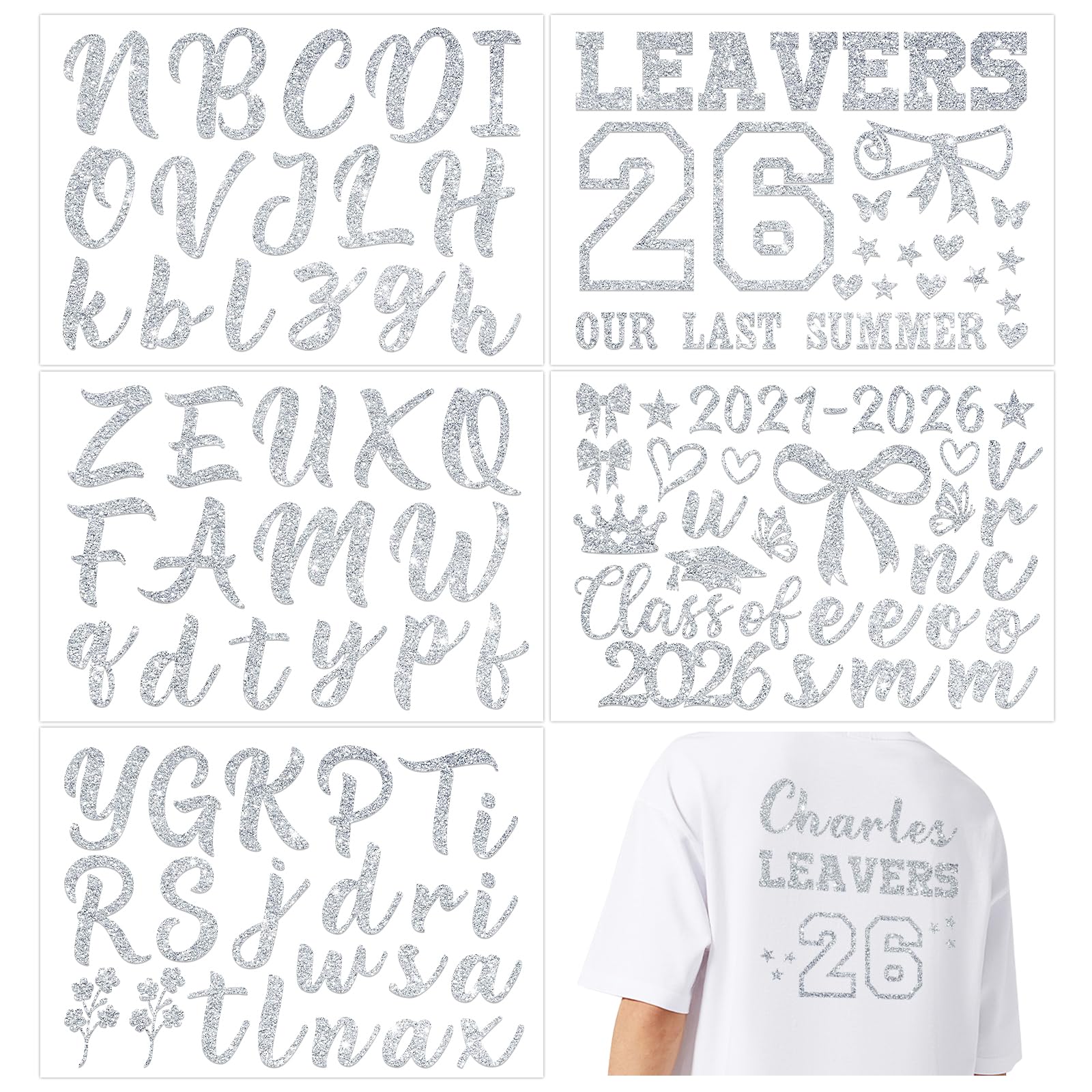 DOORIO 5 Sheets 2026 Leavers Iron on Transfers Class of 2026 Transfer Names Glitter DIY Leavers Shirt Decoration Graduation Transfers for Clothing T-Shirts Backpacks Jerseys (Silver)