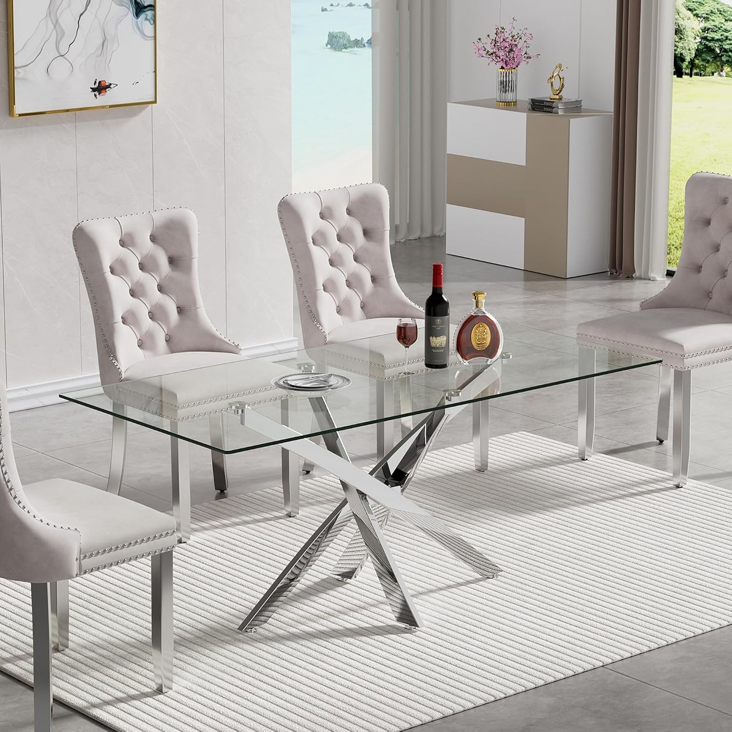 Amazon.com - MTFY 51.2 Inch Silver Glass Rectangular Dining Table for 6 ...