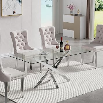 51" Glass Dining Table for 4-6, Modern Dining Room Table with 0.39" Tempered Glass Top and Cross X-Shaped Silver Stainless Steel Base, Rectangle Kitchen Dinner Table for Dining Room