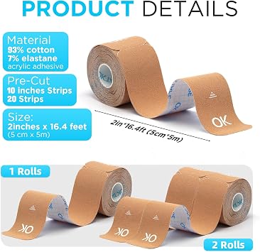 OK TAPE Kinesiology Tape 10 inches Precut, 20 Strips, Cotton Elastic Athletic Tape Latex Free, 2inch x 16ft, 2 Rolls Black