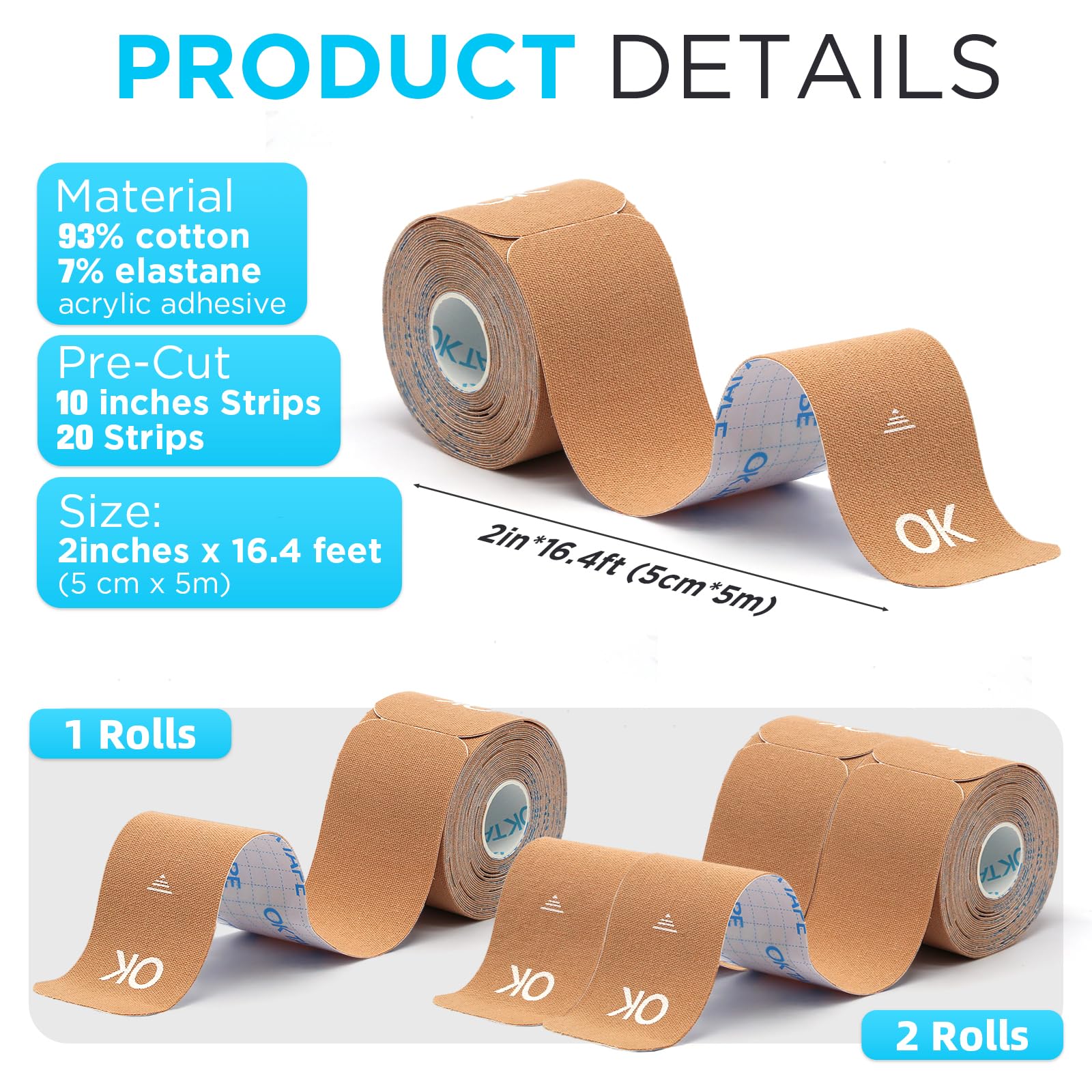 Ok Tape - Cinta de kinesiología clásica, enrollada, elástica, precortada, en forma de I, cinta de algodón terapéutico sin látex, 25 cm por cada tira, 5 cm de ancho, 5 metros de longitud total, Rosado