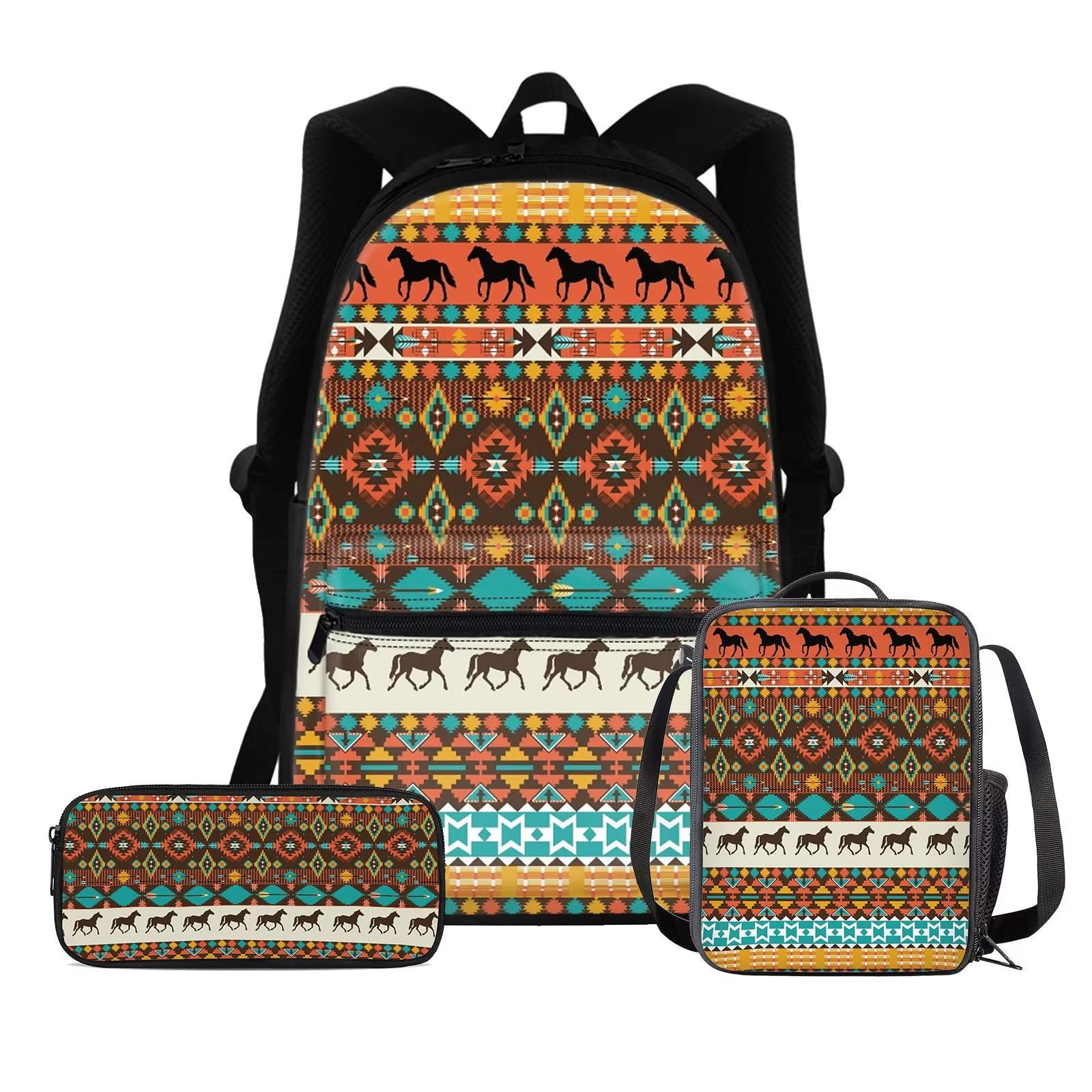 DISNIMO Bolsas escolares de gran capacidad, lonchera + estuche para lápices, 3 en 1, Caballo tribal.