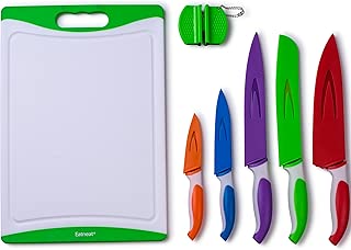 EatNeat 12-Piece Colored Sharp Knife Set: 5 Stainless Steel Kitchen Knives with Covers, Cutting Board and Sharpener - coolthings.us
