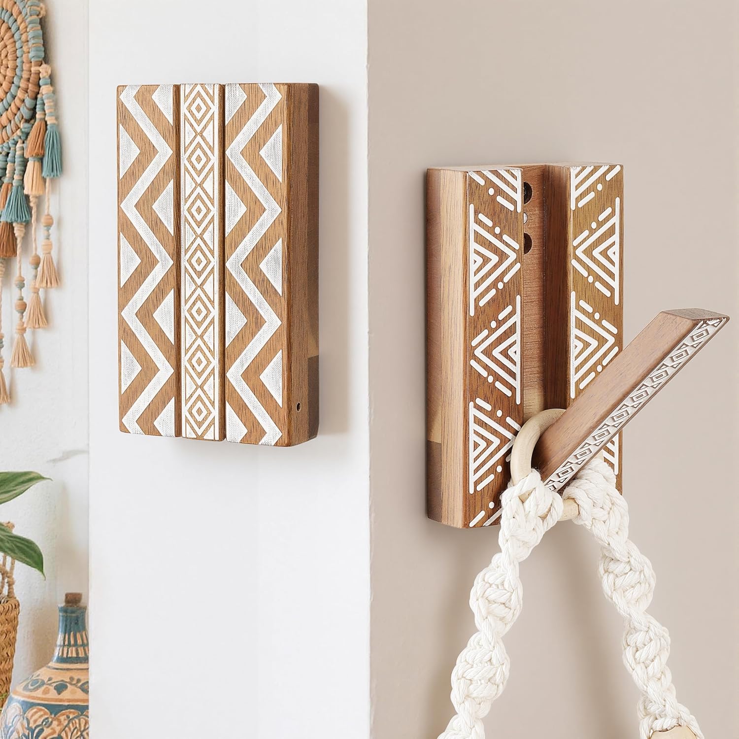 Boho Foldable Wall Hooks: Decorative Wooden Coat Hooks 2Pack Mounted for Heavy Duty Hanging Towels Backpack Bags Hats, Space Saving Home Decor for Aesthetic Homeowners