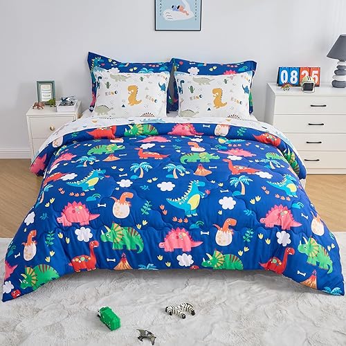 Miniatura 2 de Wajade Juego de edredón de 7 piezas de dinosaurio para niños tamaño individual 3D diseño de dinosaurio azul parque salvaje selva con edredón juego