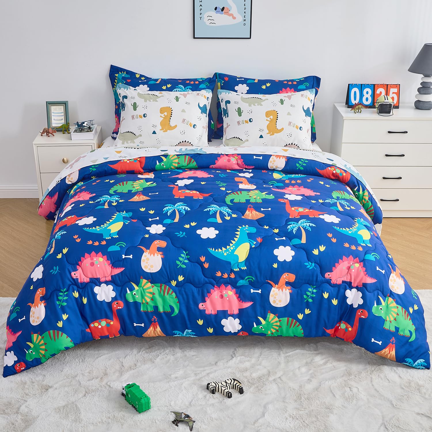 Wajade 7 Piece Kid Boys Dinosaur Comforter Set Full Size 3D Blue Dinosaur Wild Park Jungle Print Bedding Set with Comforter, Sheet Set, Pillowcase and Sham