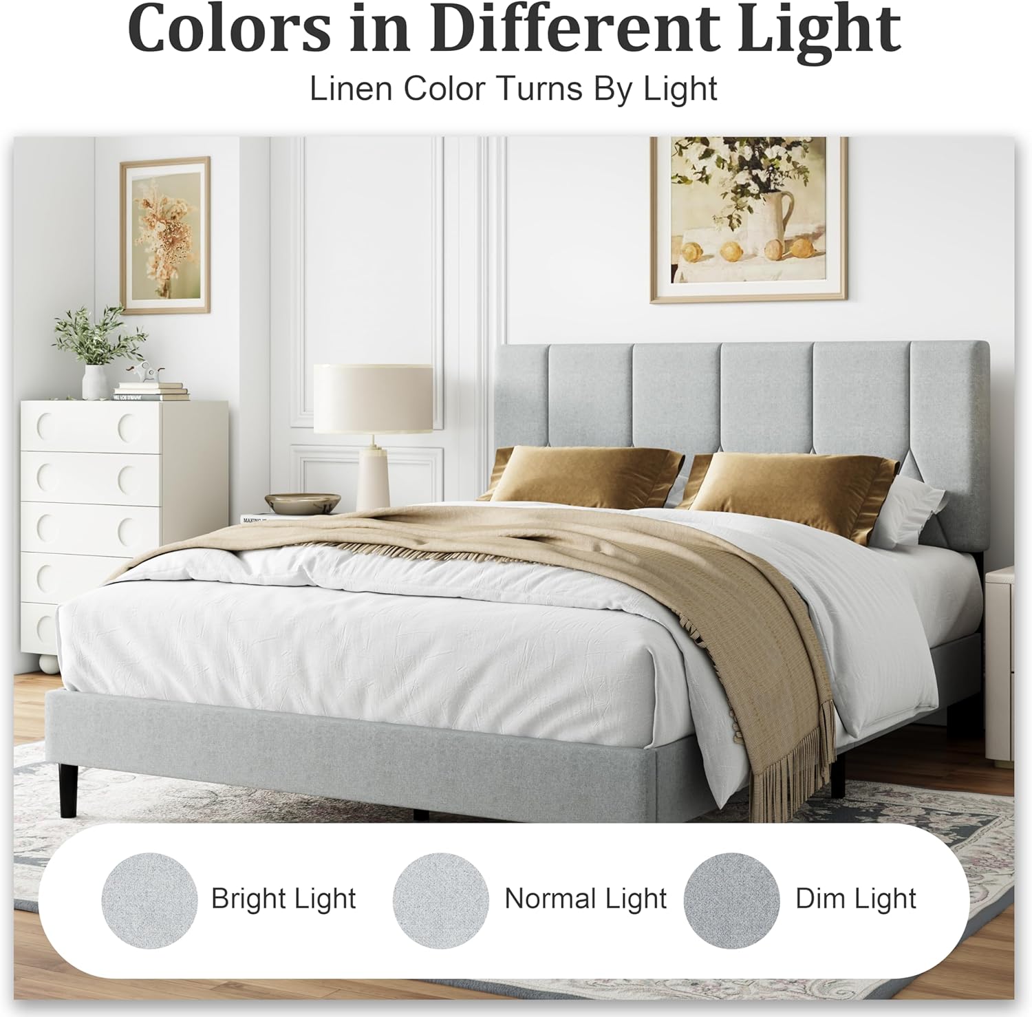 Twin Size Bed Frame Platform with Velvet Upholstered Headboard, Sturdy Wooden Slats, No Spring Box, No Noise, Easy to Assemble, Bedframe with Strong Wooden Slats, Light Gray - Image 5